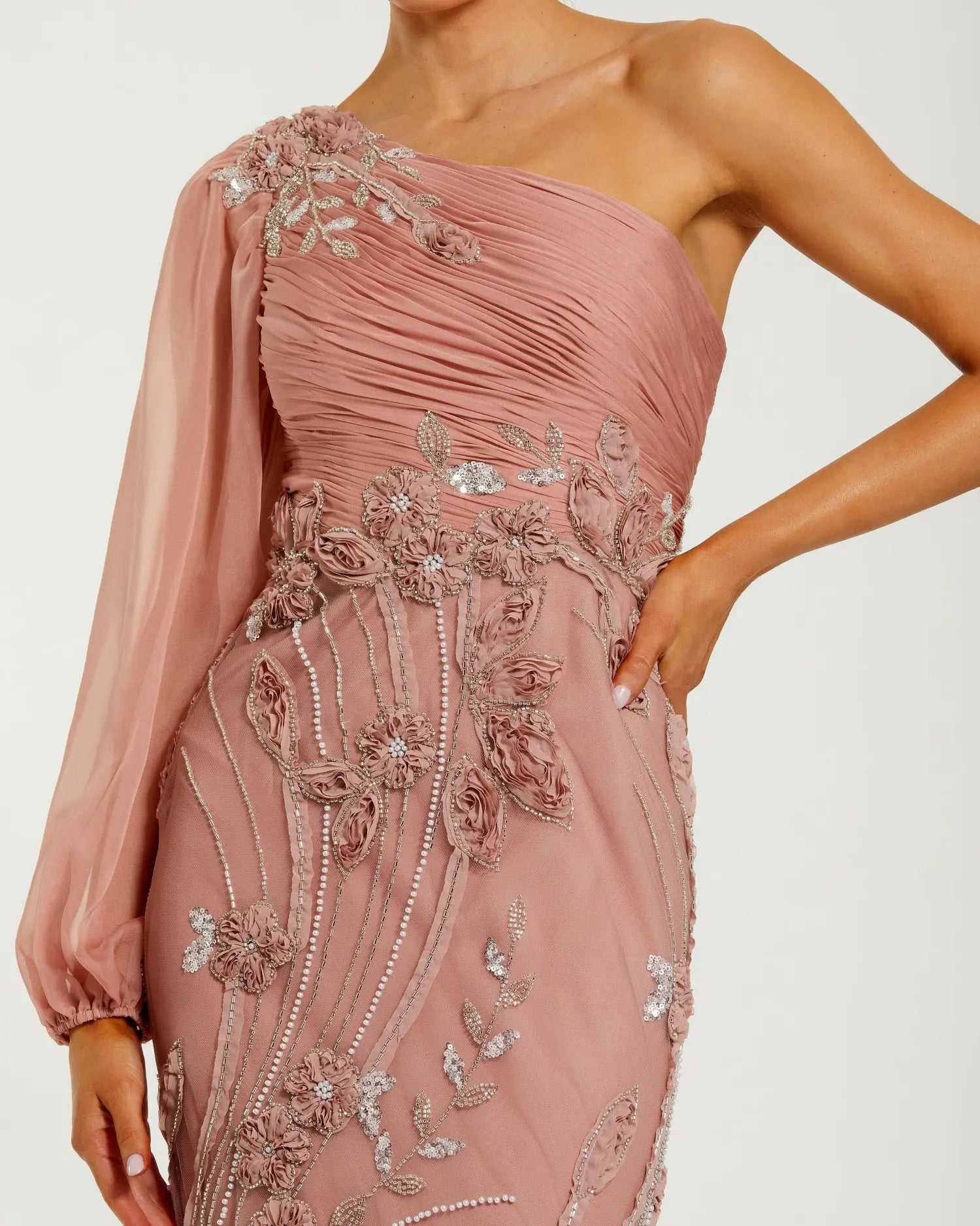 Pink One Sleeve Chiffon Embellished Gown-Myartka