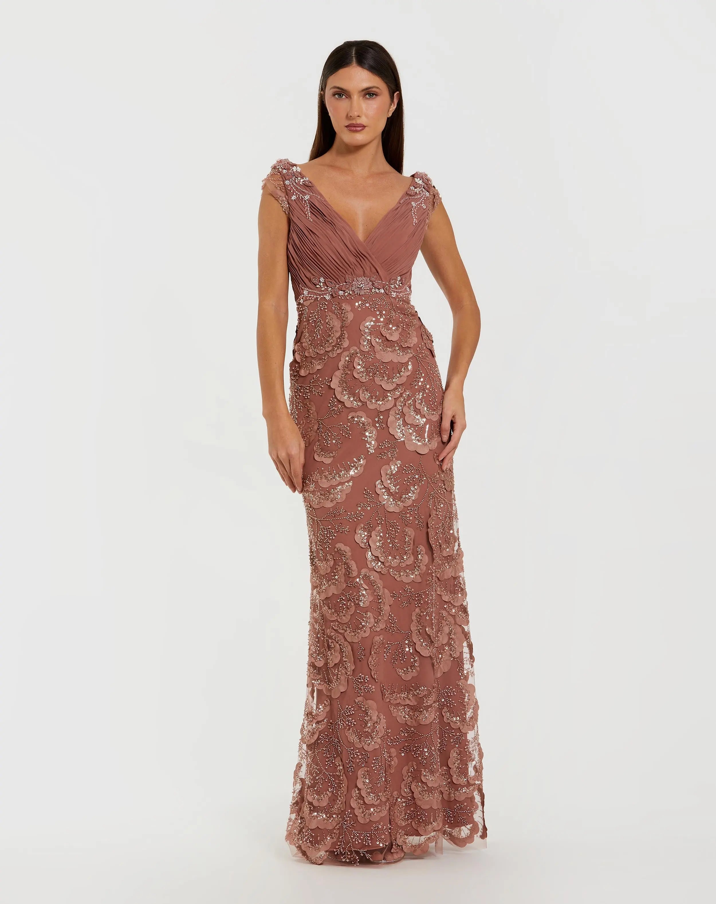 Pink Floral Beaded Chiffon V-Neck Evening Gown-Myartka