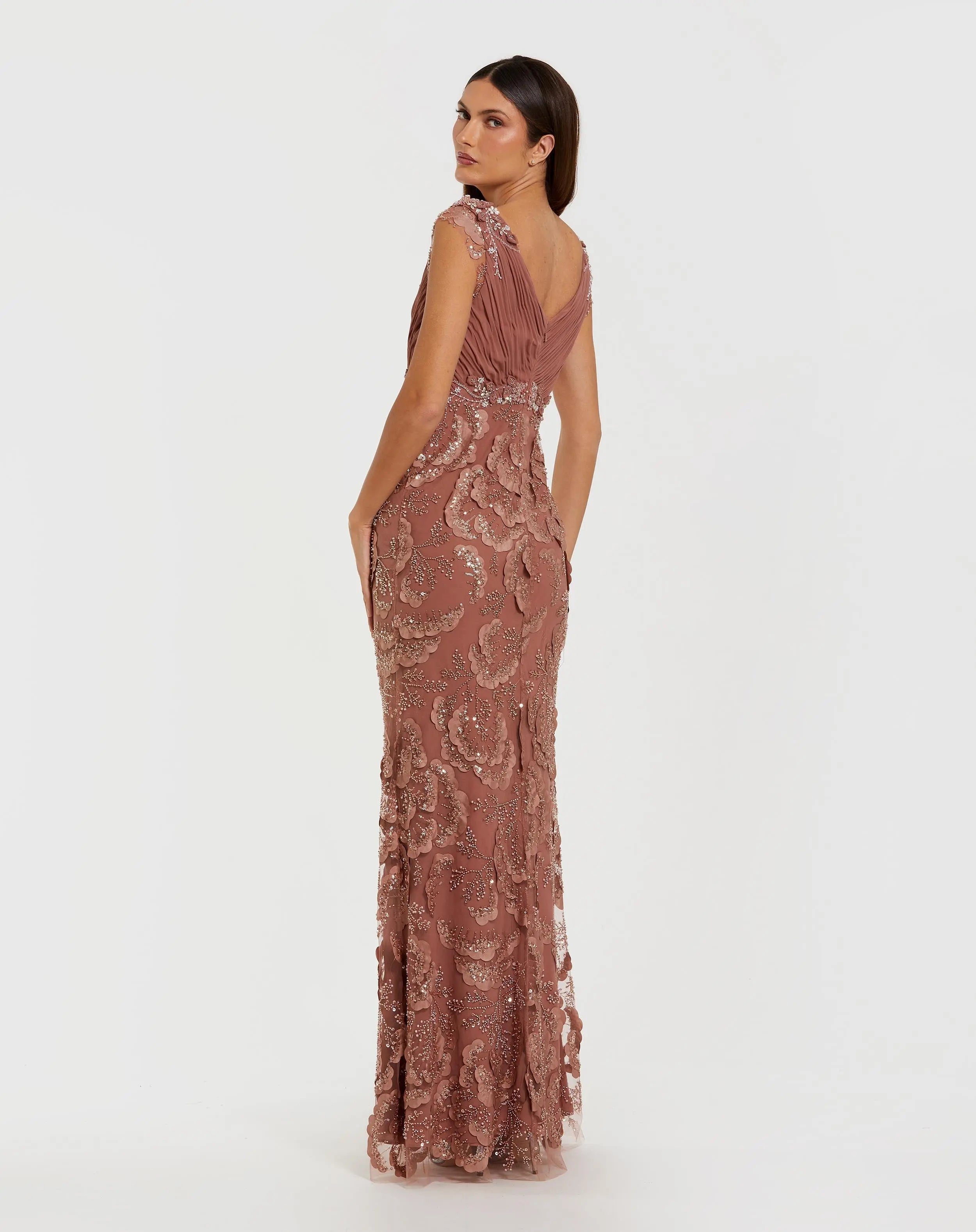 Pink Floral Beaded Chiffon V-Neck Evening Gown-Myartka