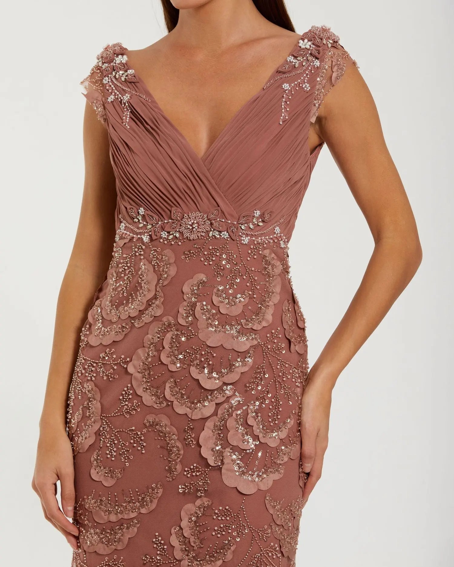 Pink Floral Beaded Chiffon V-Neck Evening Gown-Myartka