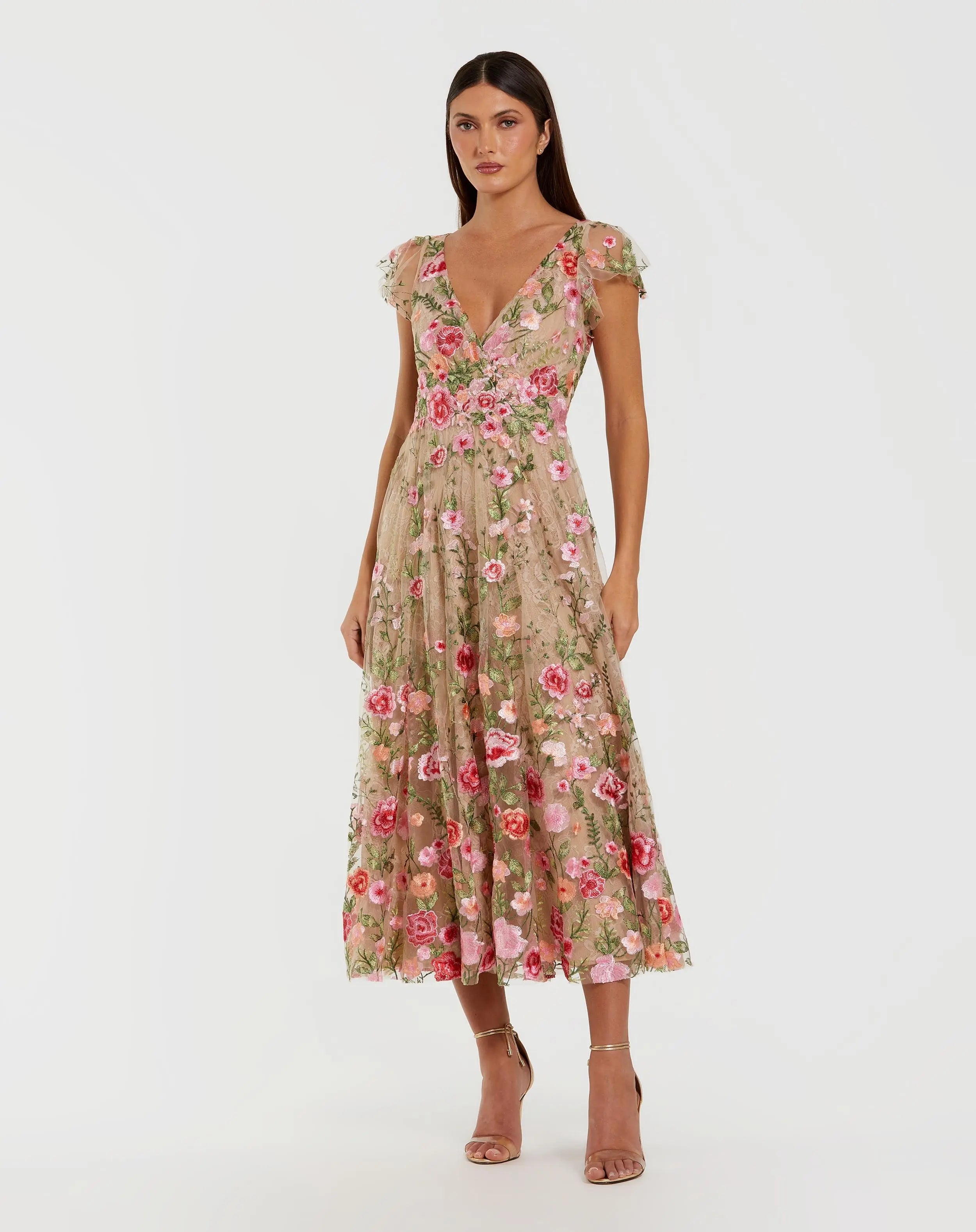 Beige Floral Embroidered Flutter Sleeve Midi Dress-Myartka