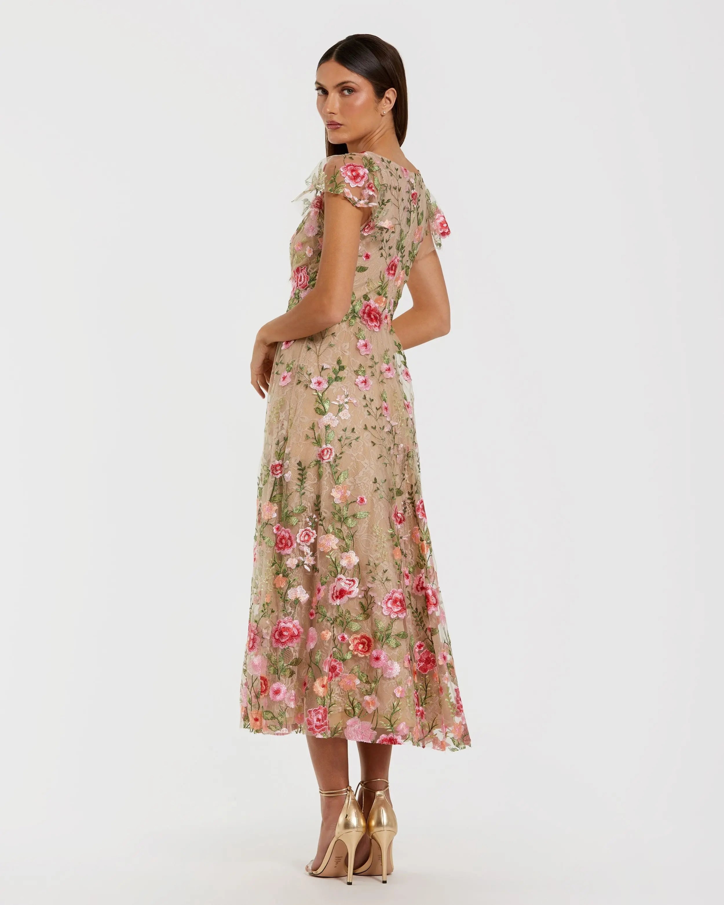 Beige Floral Embroidered Flutter Sleeve Midi Dress-Myartka