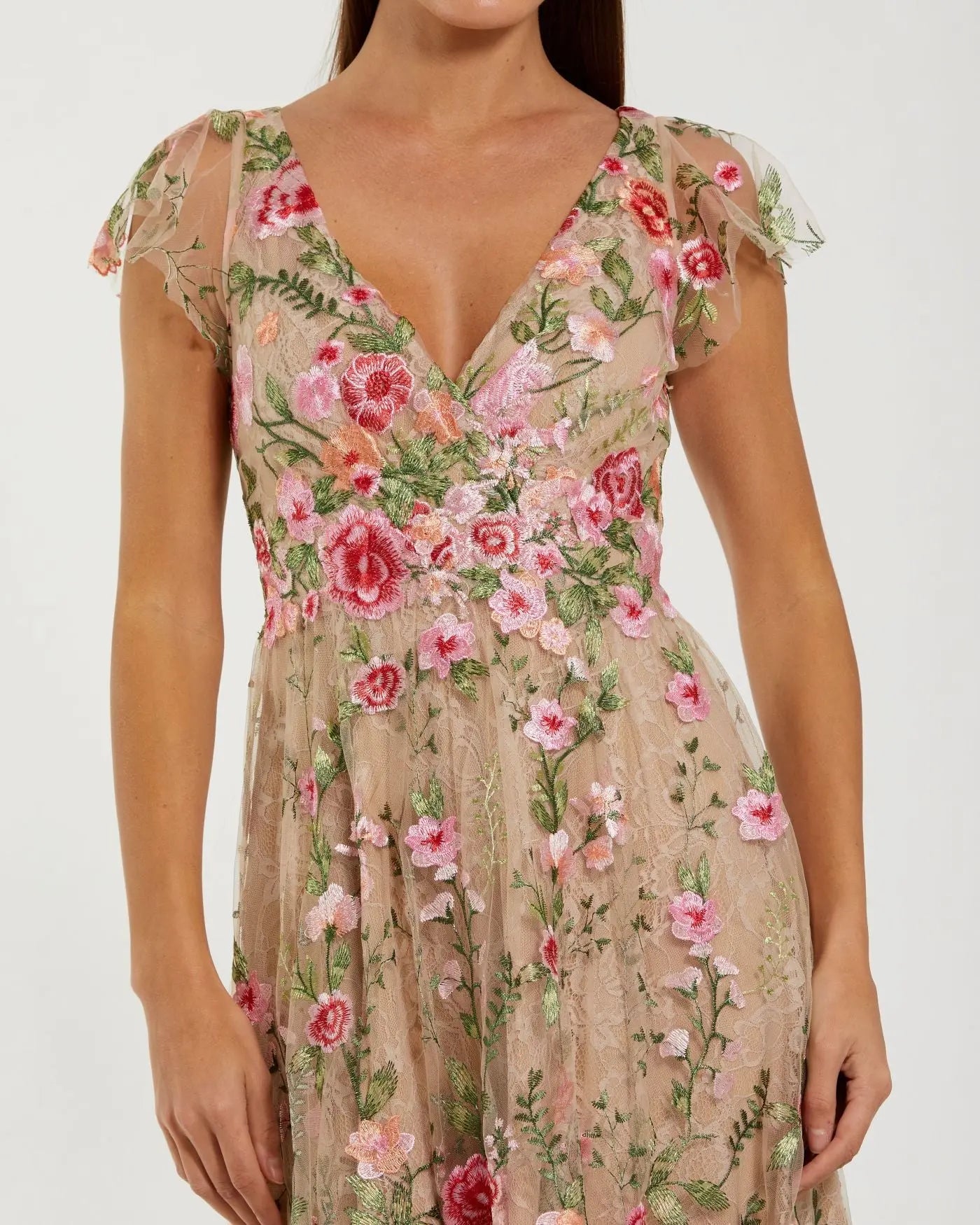 Beige Floral Embroidered Flutter Sleeve Midi Dress-Myartka