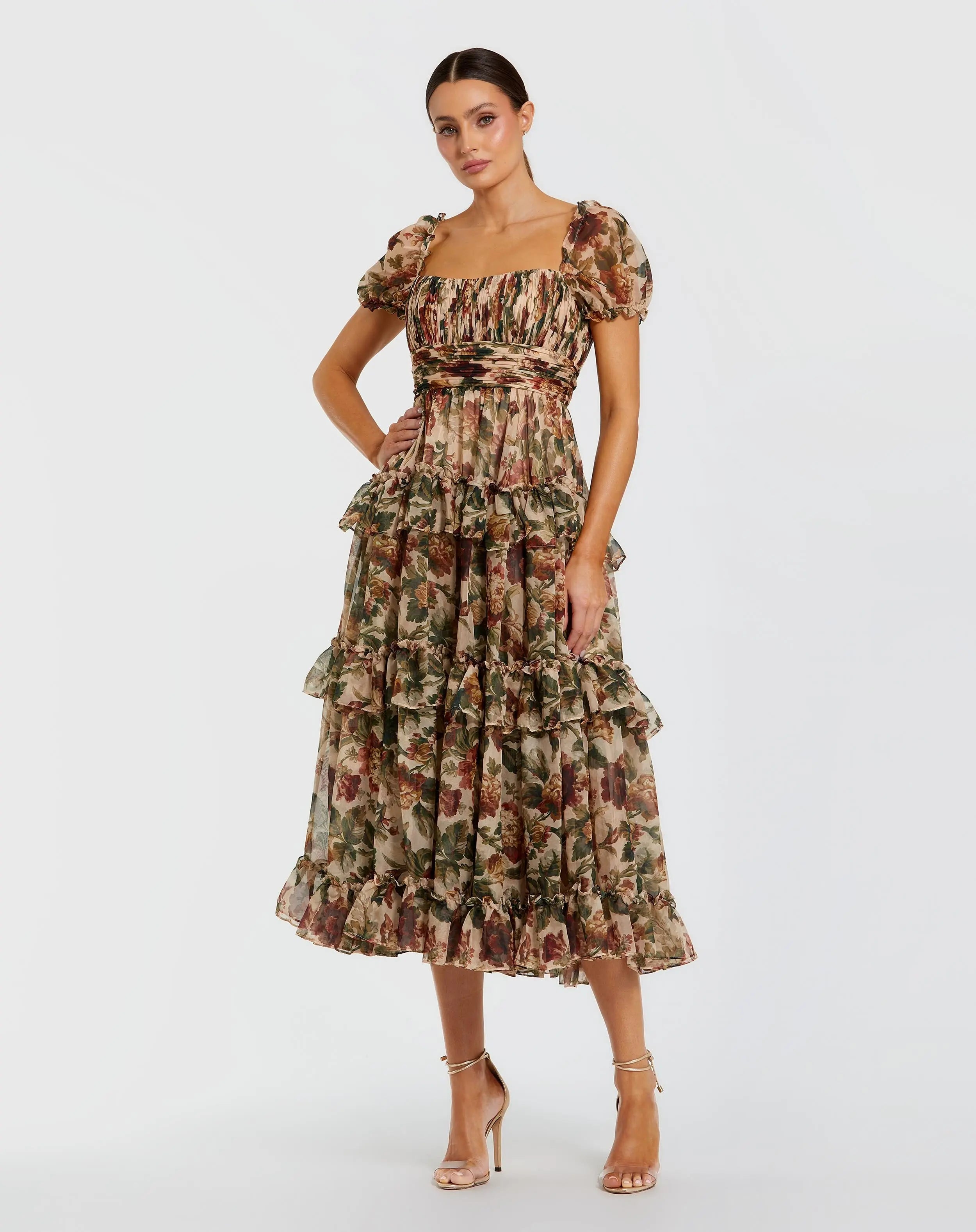 Beige Chiffon Ruffle A Line Midi Dress with Puff Sleeves-Myartka