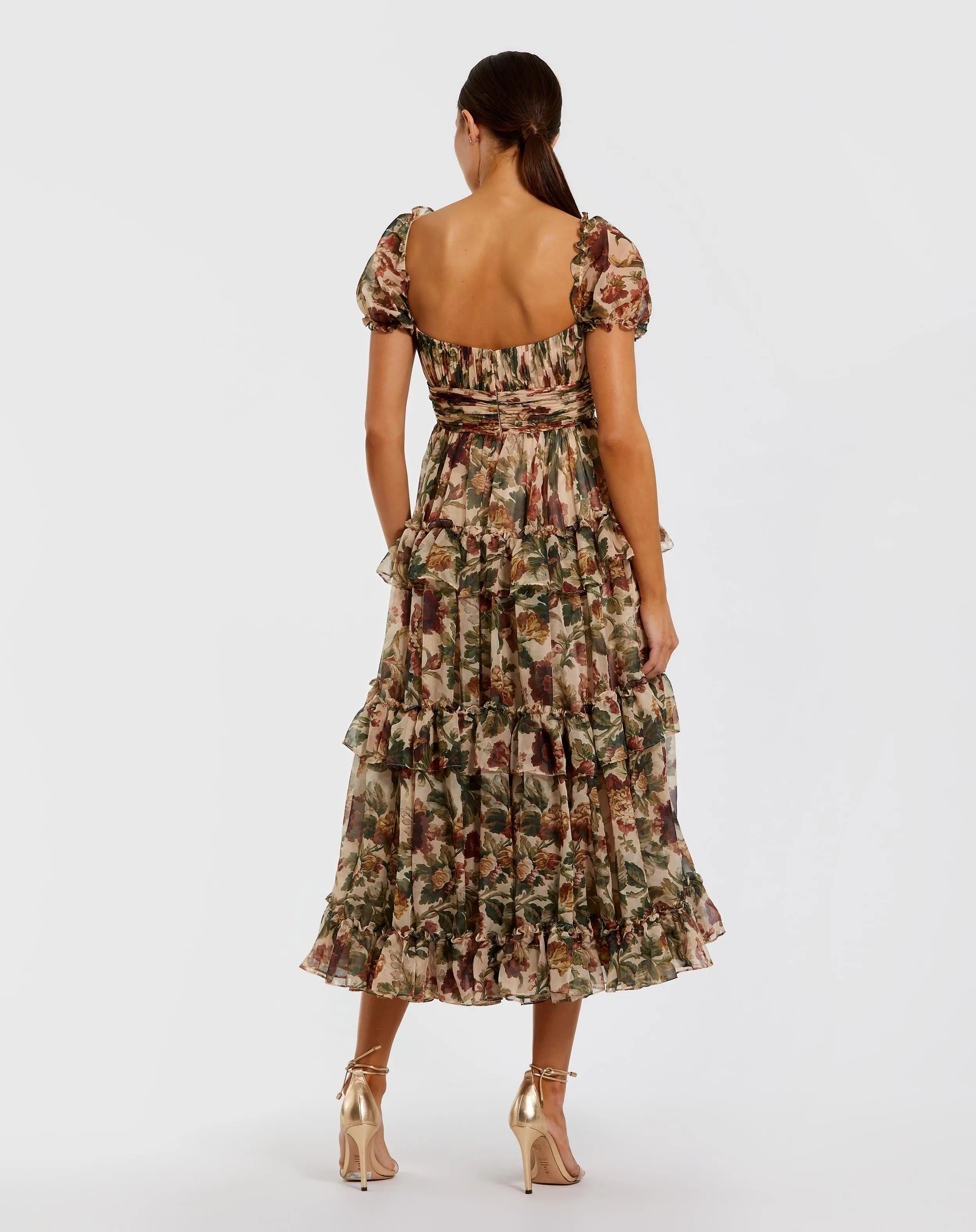 Beige Chiffon Ruffle A Line Midi Dress with Puff Sleeves-Myartka