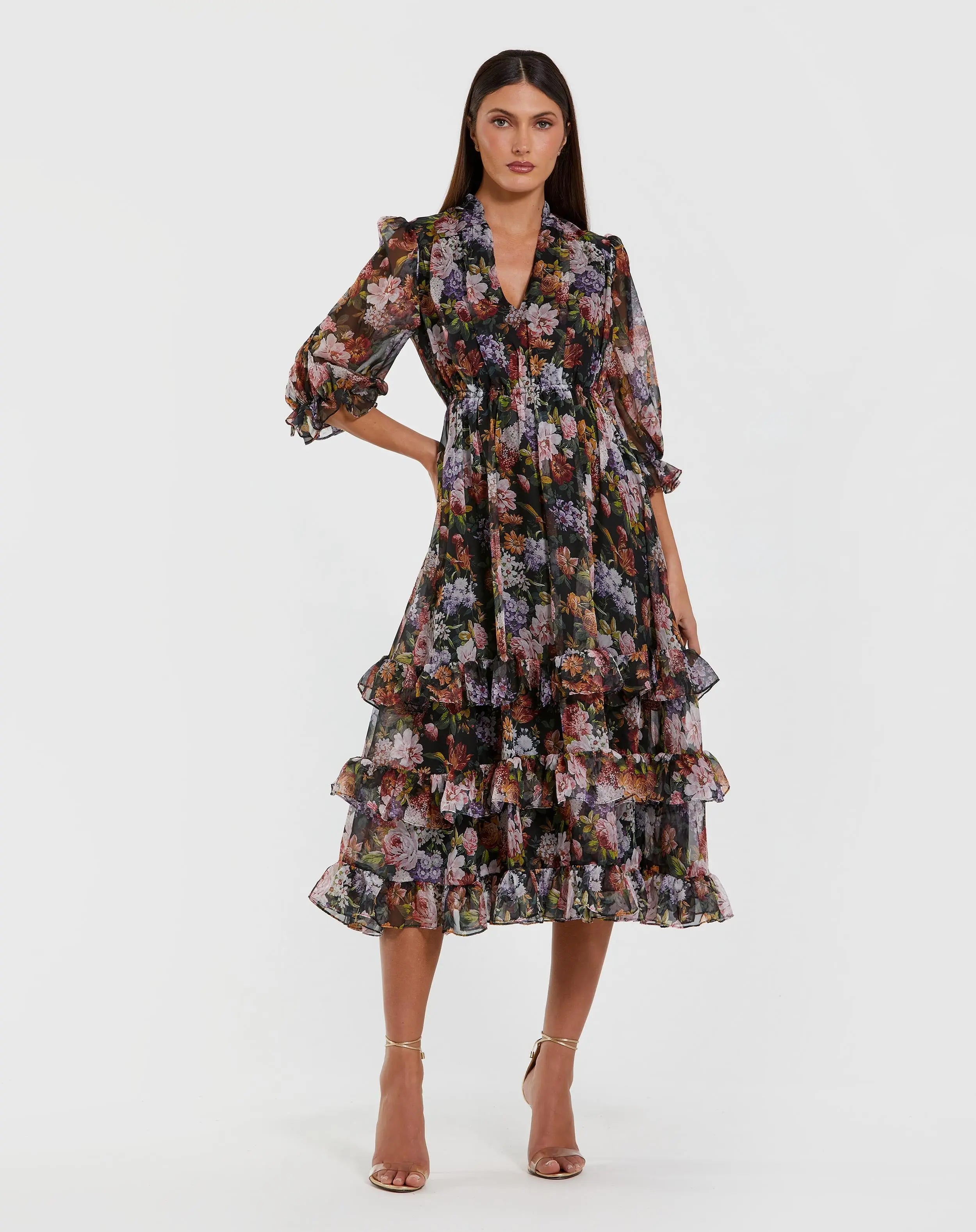 Black Floral Chiffon Ruffle Midi Dress with 3/4 Sleeves-Myartka