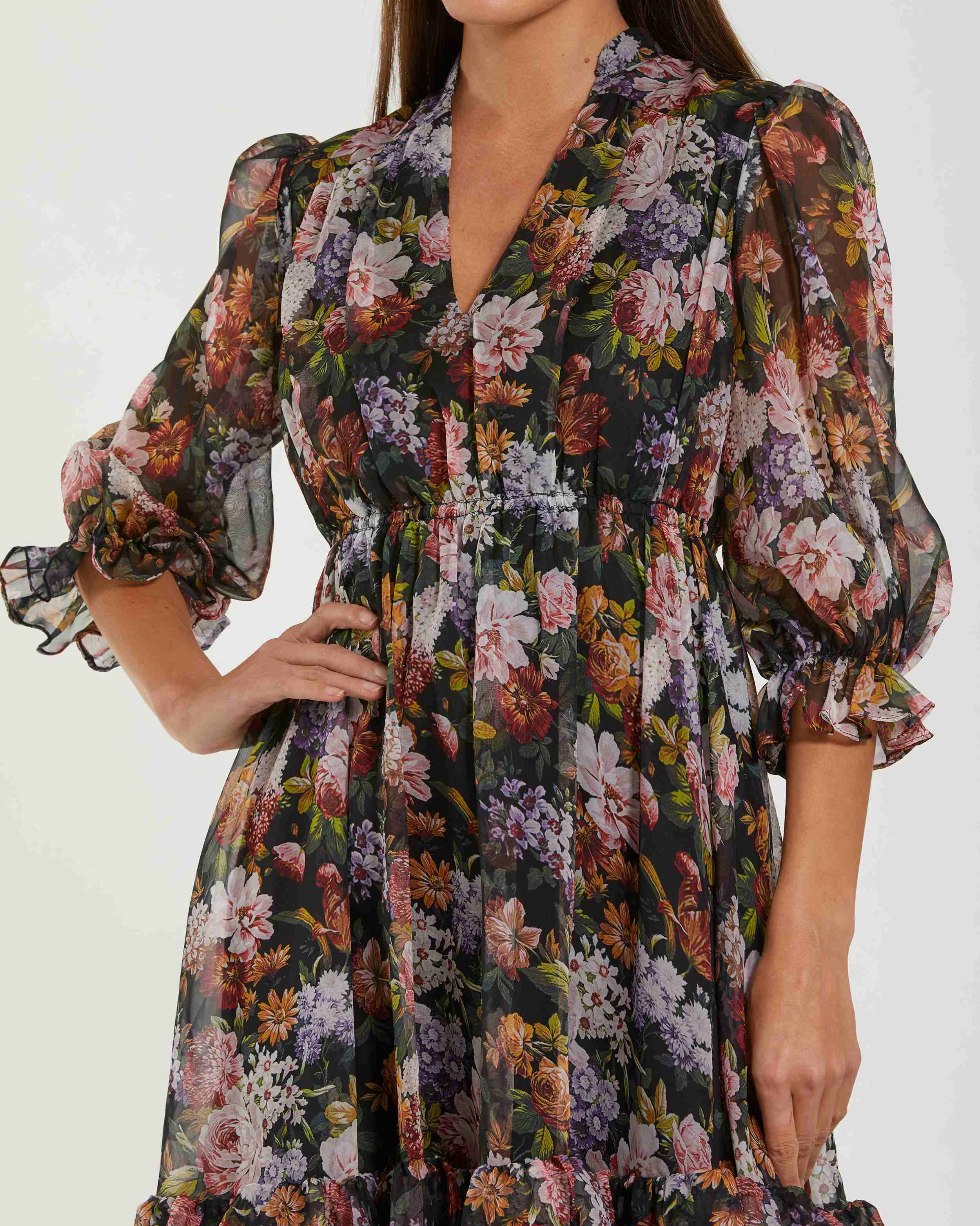 Black Floral Chiffon Ruffle Midi Dress with 3/4 Sleeves-Myartka