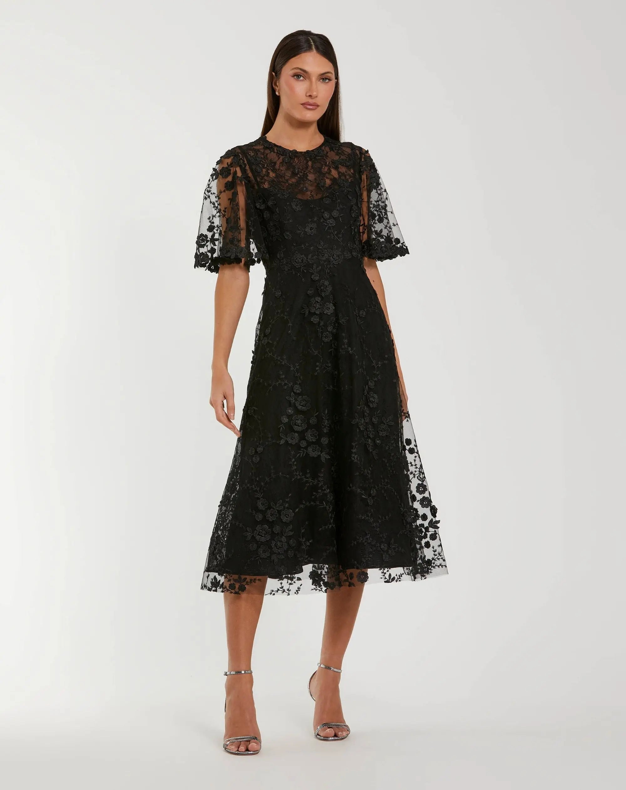 Floral Embroidered Mesh Midi Dress with Flutter Sleeves-Myartka