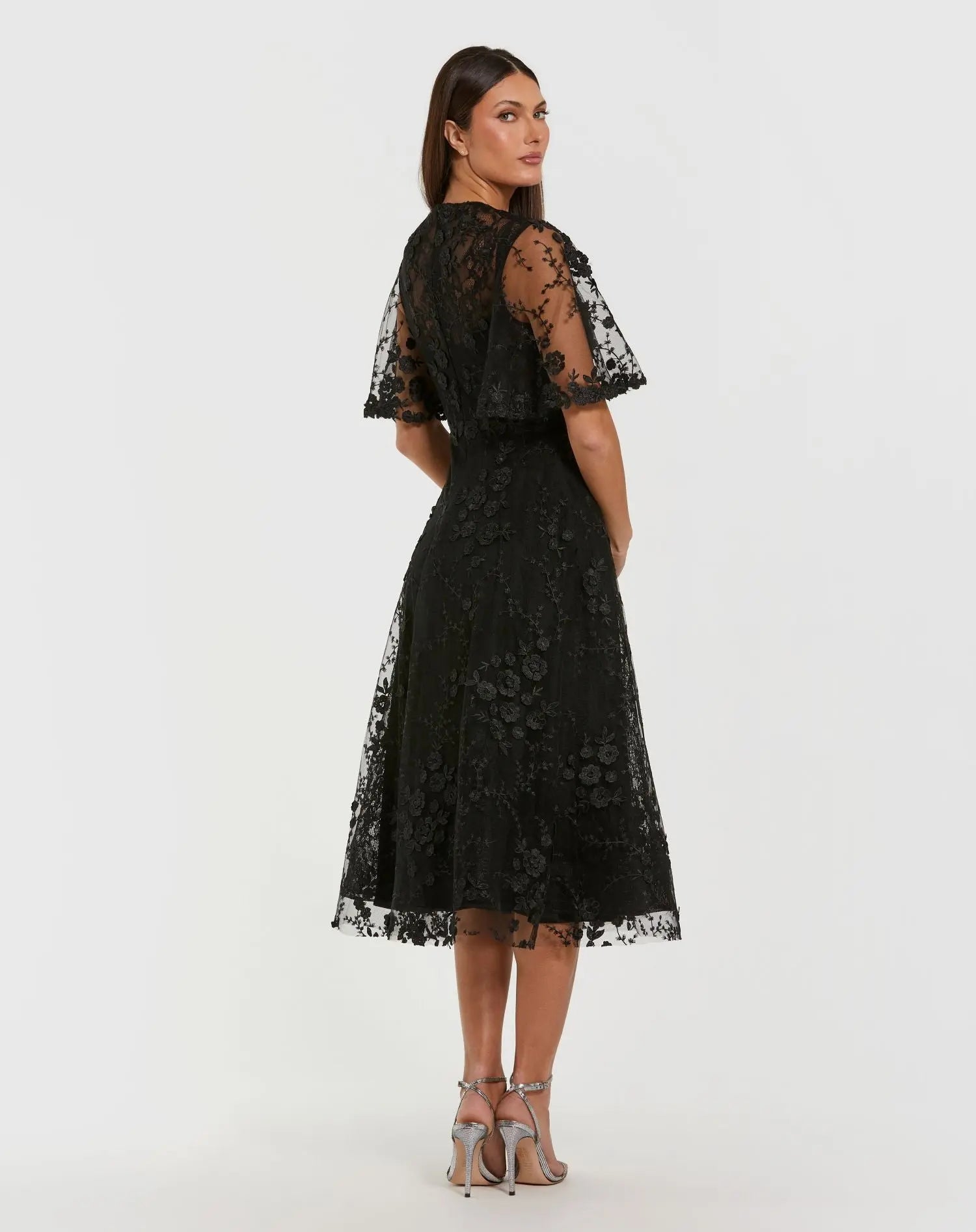 Floral Embroidered Mesh Midi Dress with Flutter Sleeves-Myartka