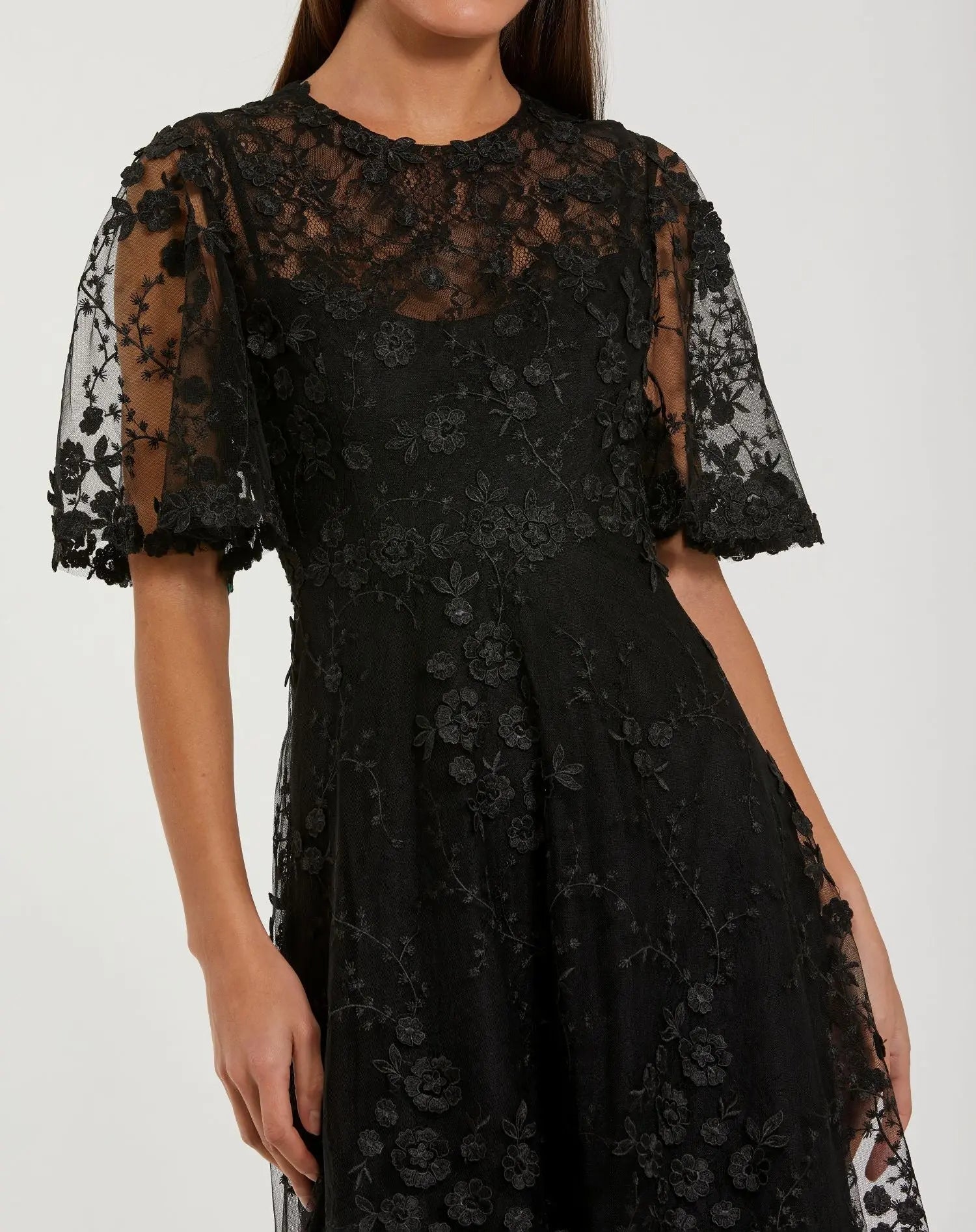 Floral Embroidered Mesh Midi Dress with Flutter Sleeves-Myartka