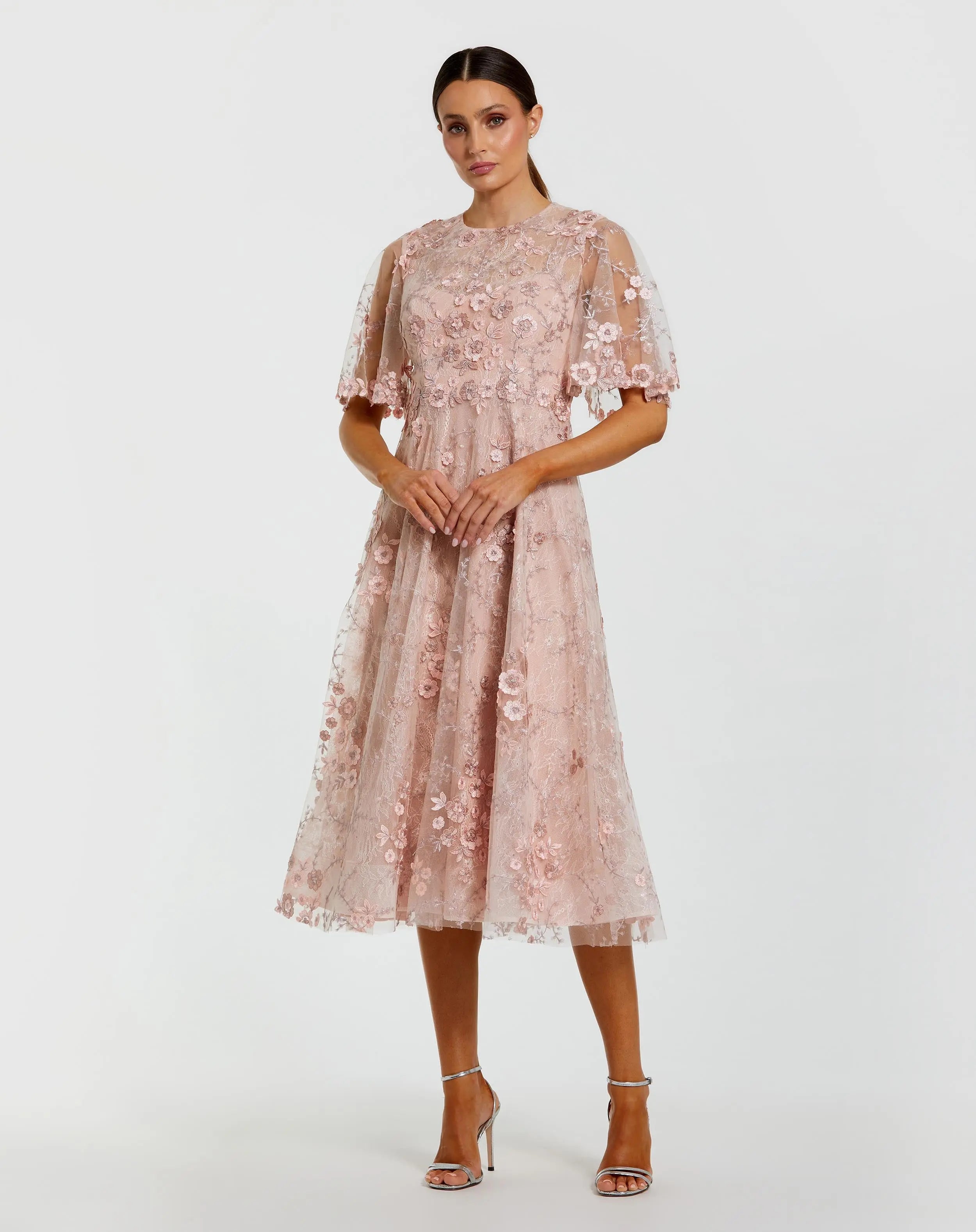 Pink Flutter Sleeve Embroidered Midi Dress-Myartka