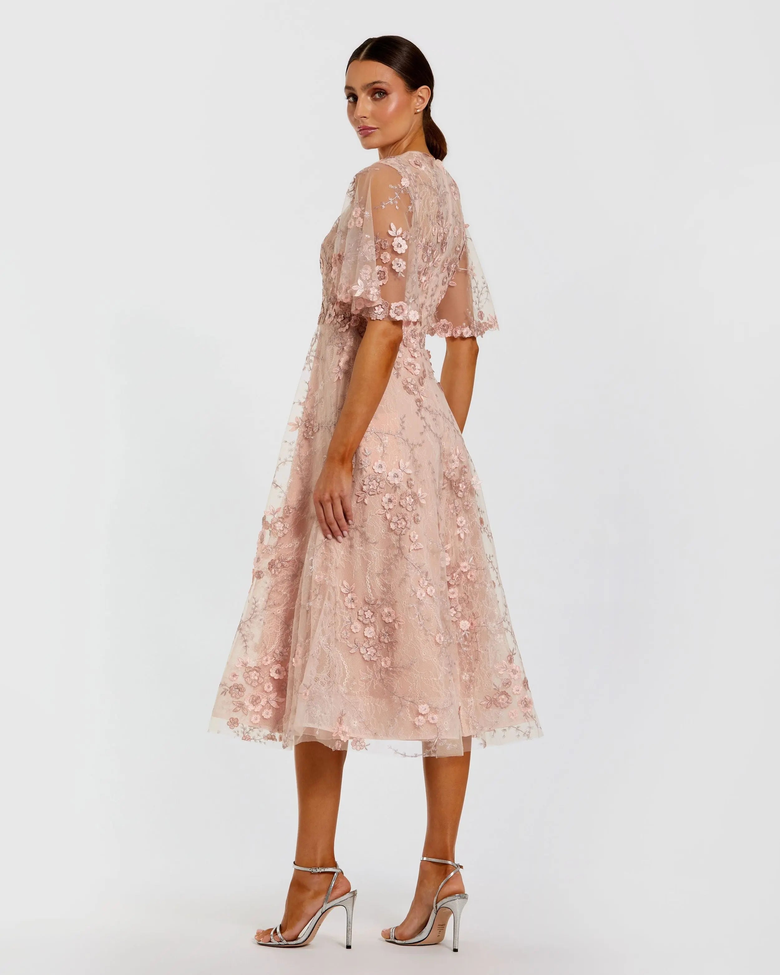 Pink Flutter Sleeve Embroidered Midi Dress-Myartka
