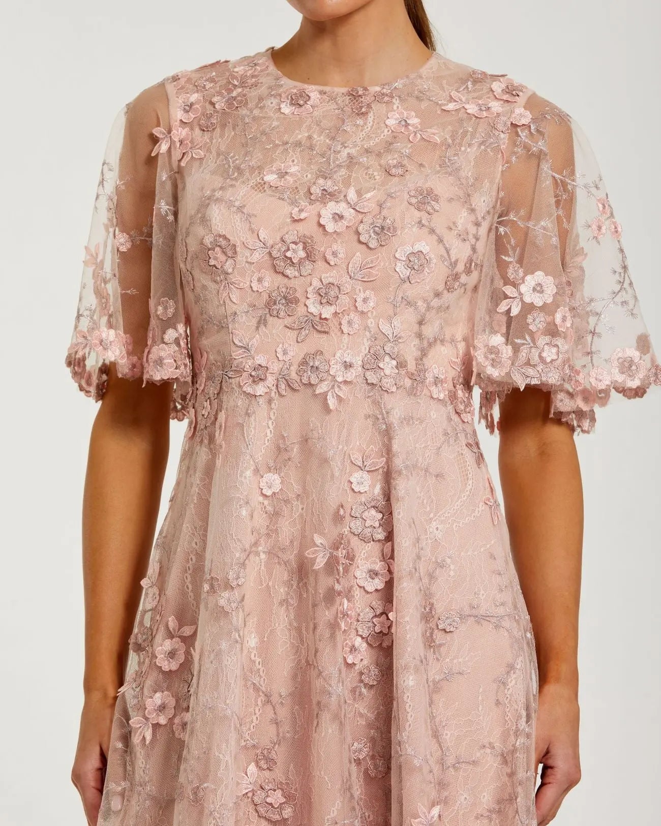 Pink Flutter Sleeve Embroidered Midi Dress-Myartka