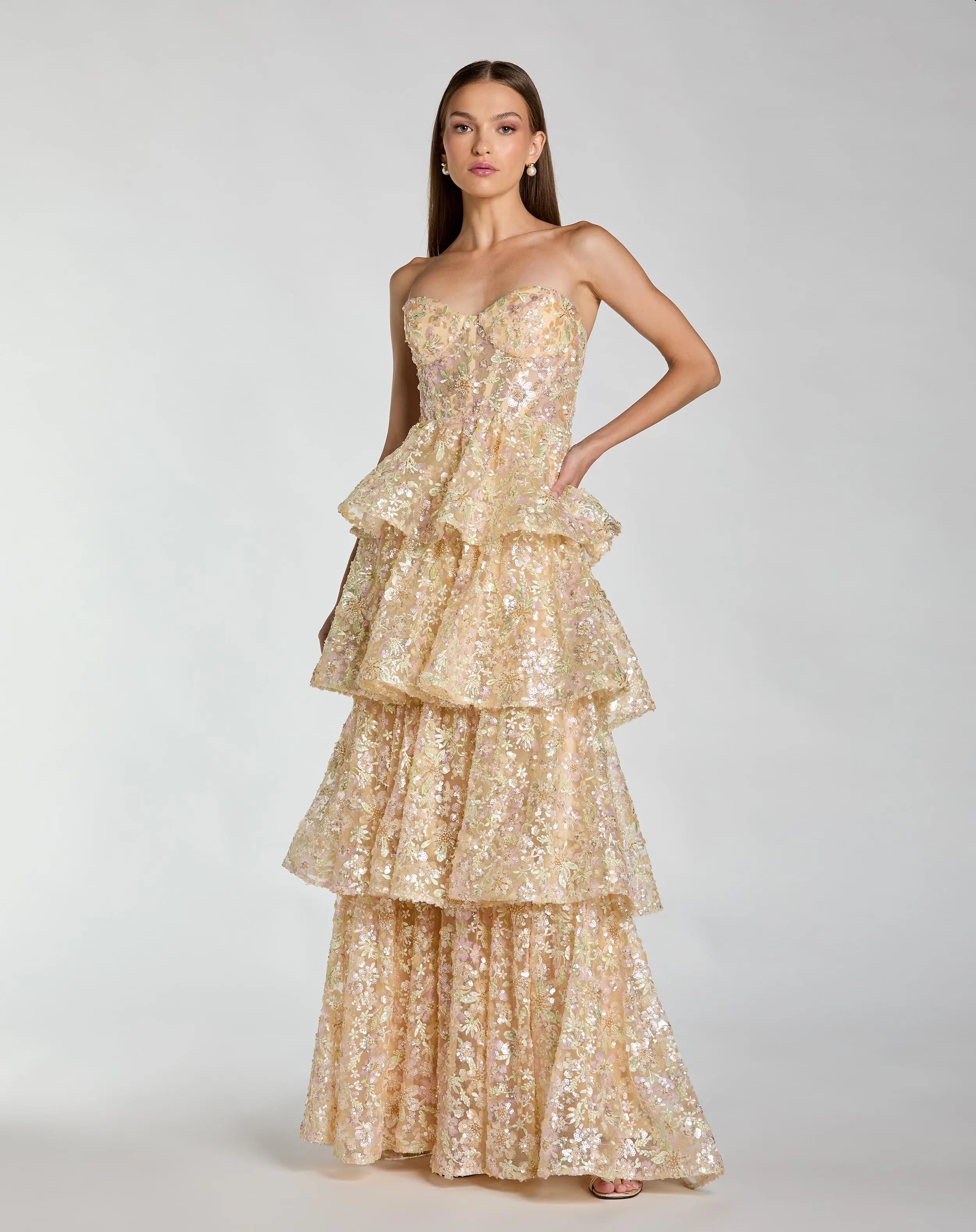 Gold Embellished Strapless Sweetheart Ruffle Gown-Myartka