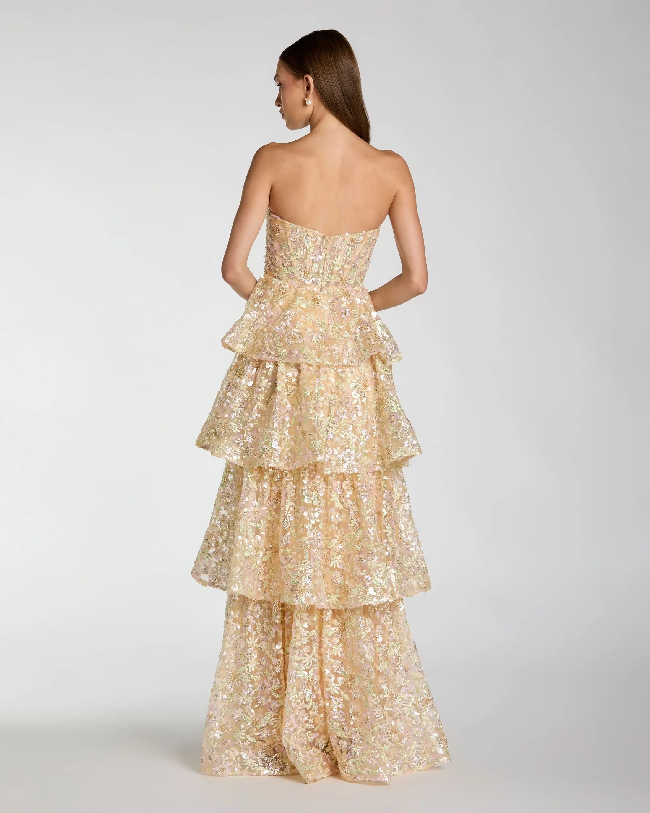 Gold Embellished Strapless Sweetheart Ruffle Gown-Myartka