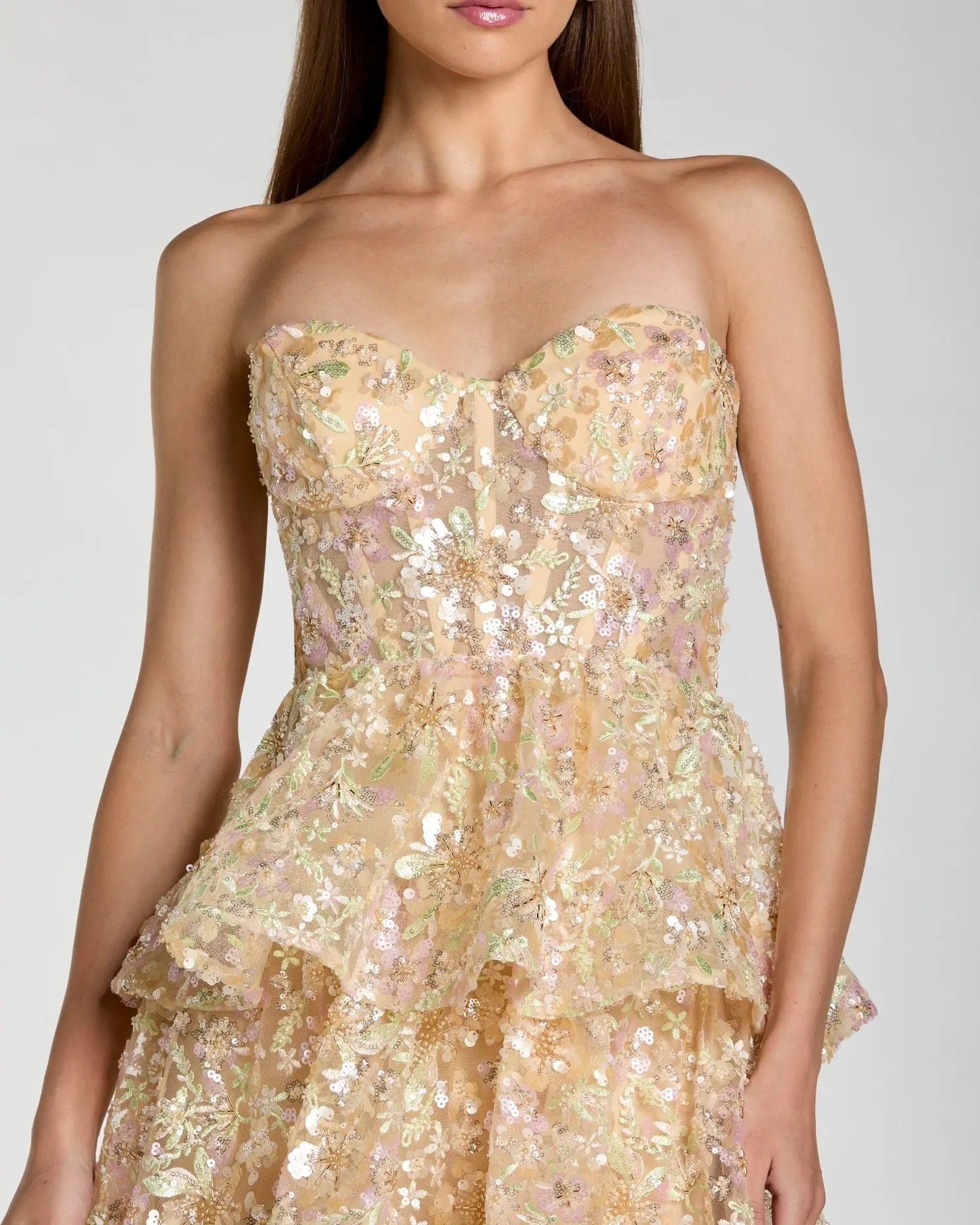 Gold Embellished Strapless Sweetheart Ruffle Gown-Myartka