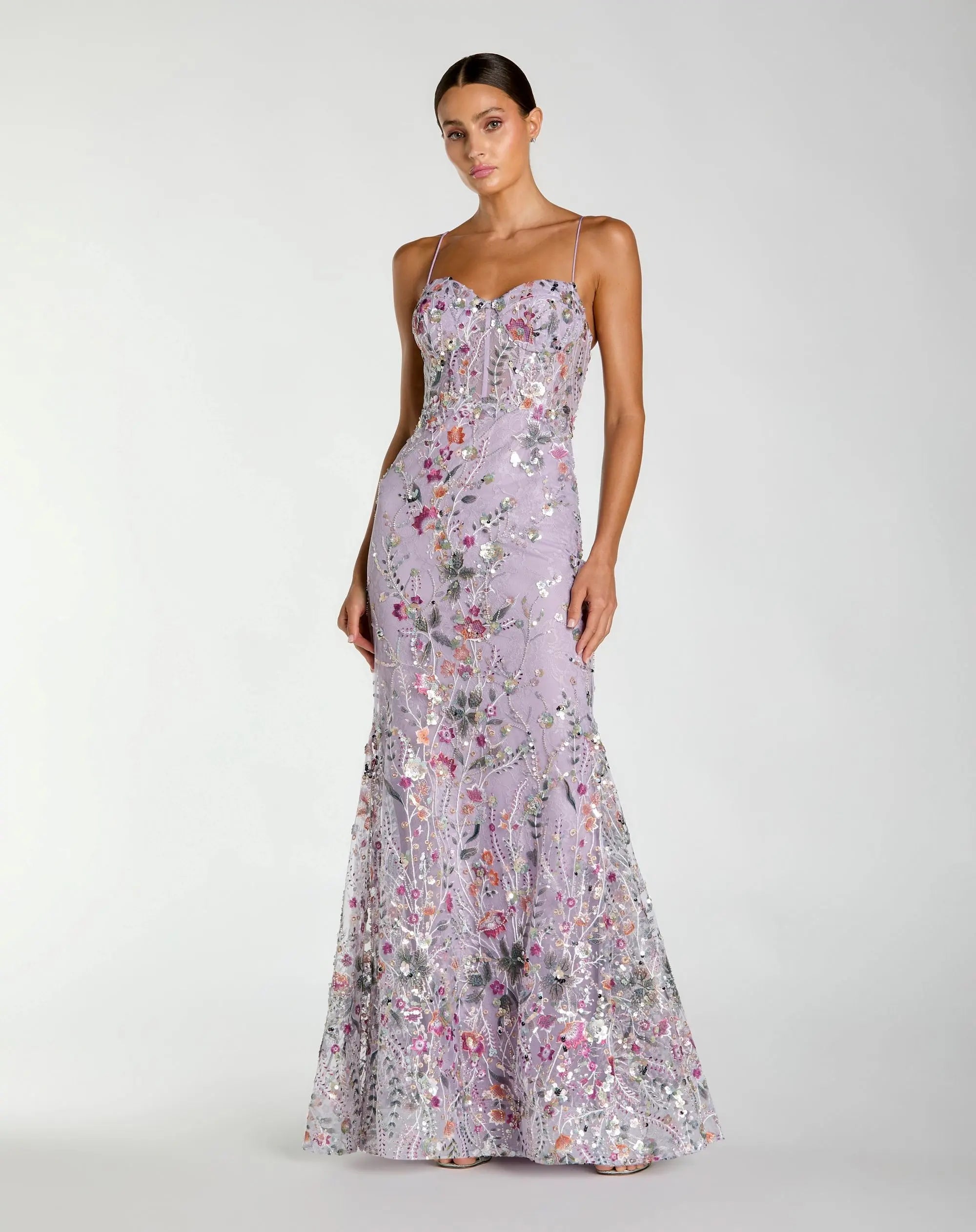 Purple Spaghetti Strap Floral Embroidered Trumpet Gown-Myartka