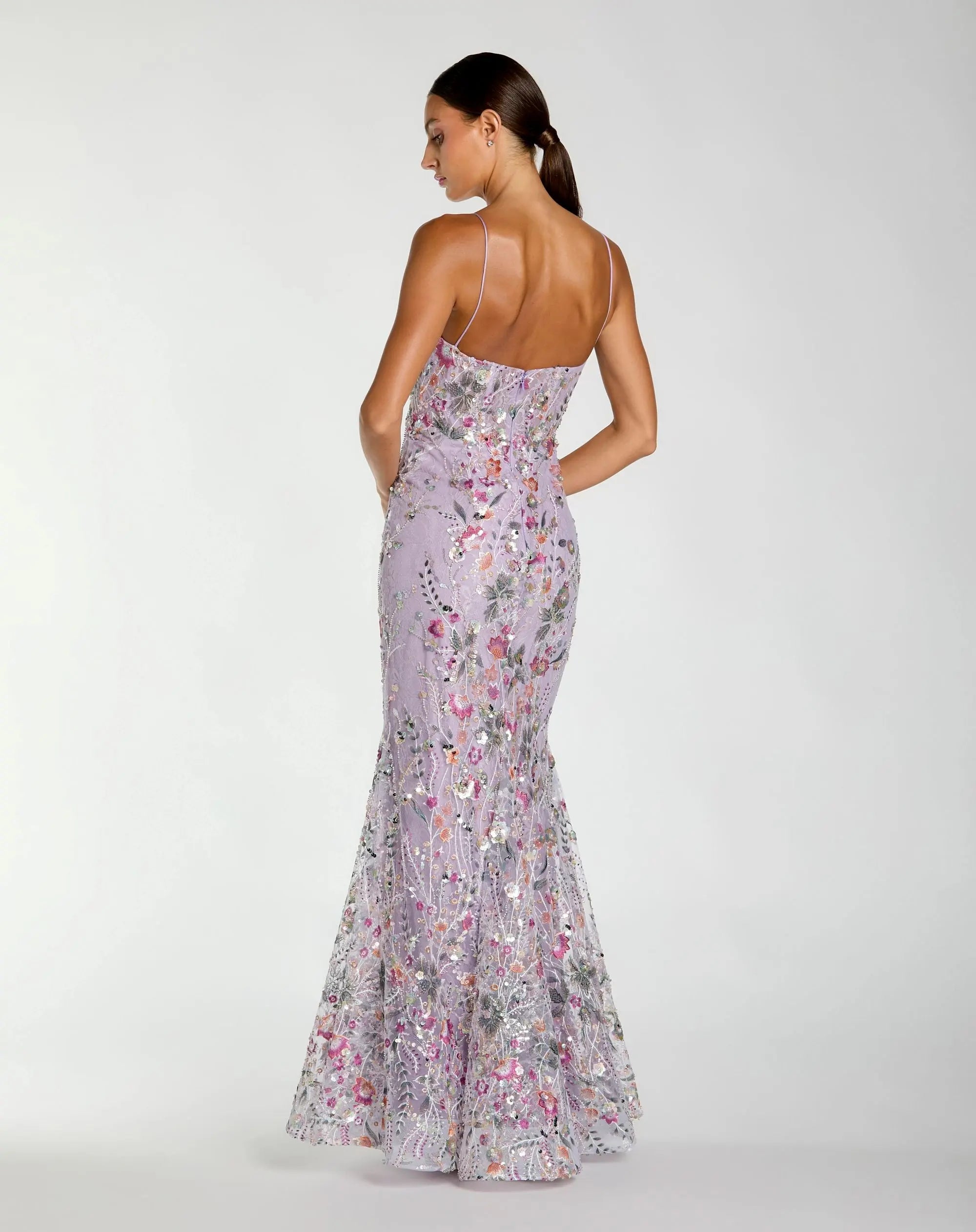 Purple Spaghetti Strap Floral Embroidered Trumpet Gown-Myartka