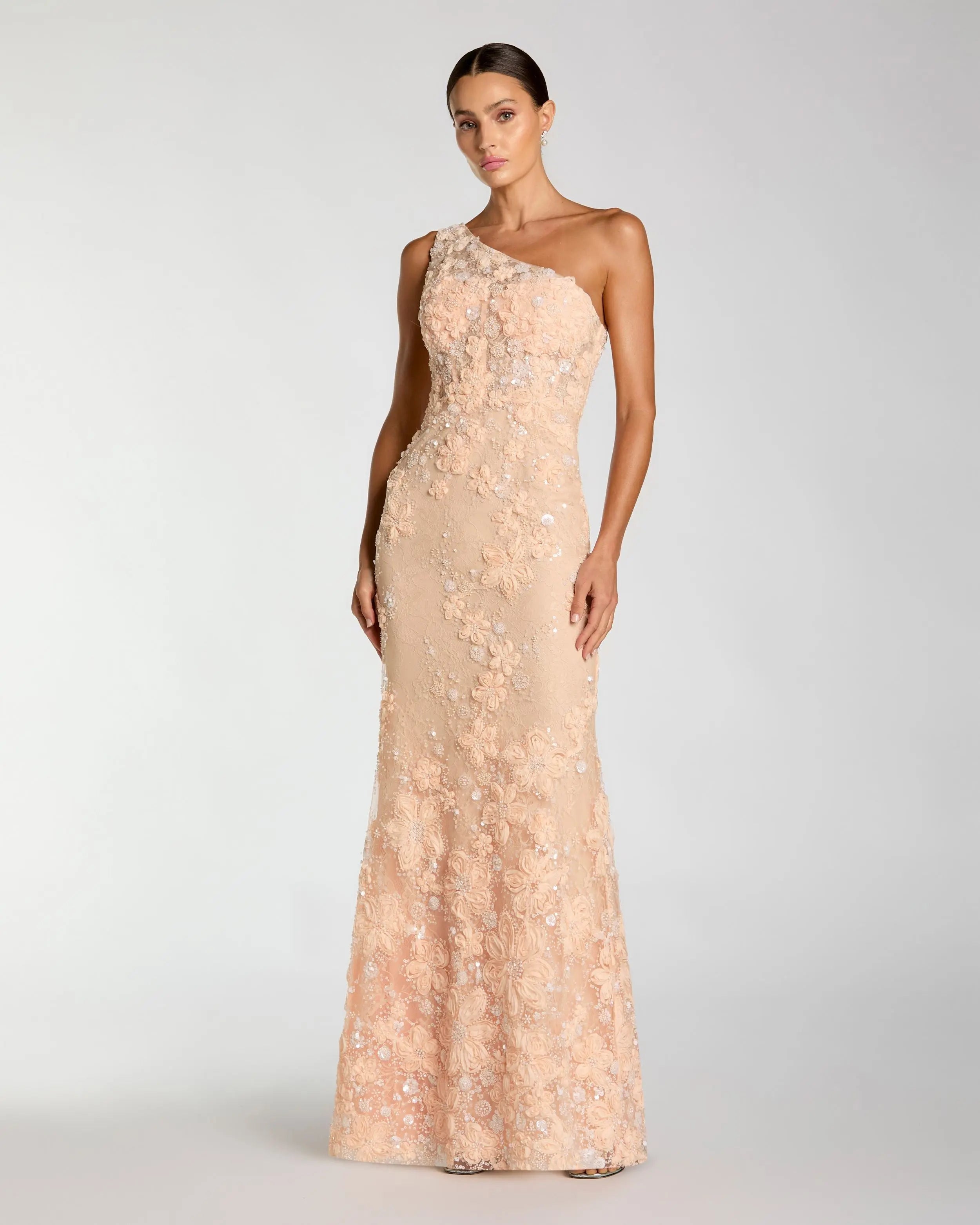 Orange One Shoulder Floral Appliqué Sequin Gown-Myartka