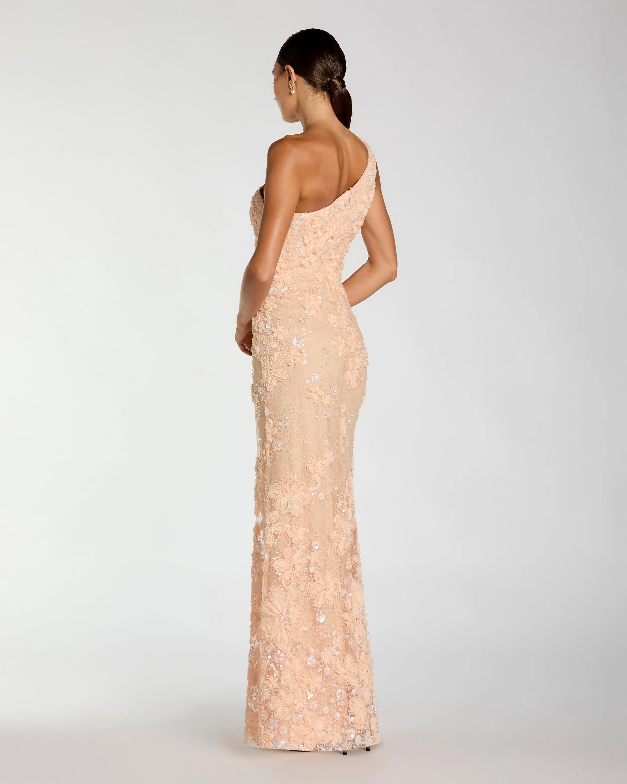 Orange One Shoulder Floral Appliqué Sequin Gown-Myartka
