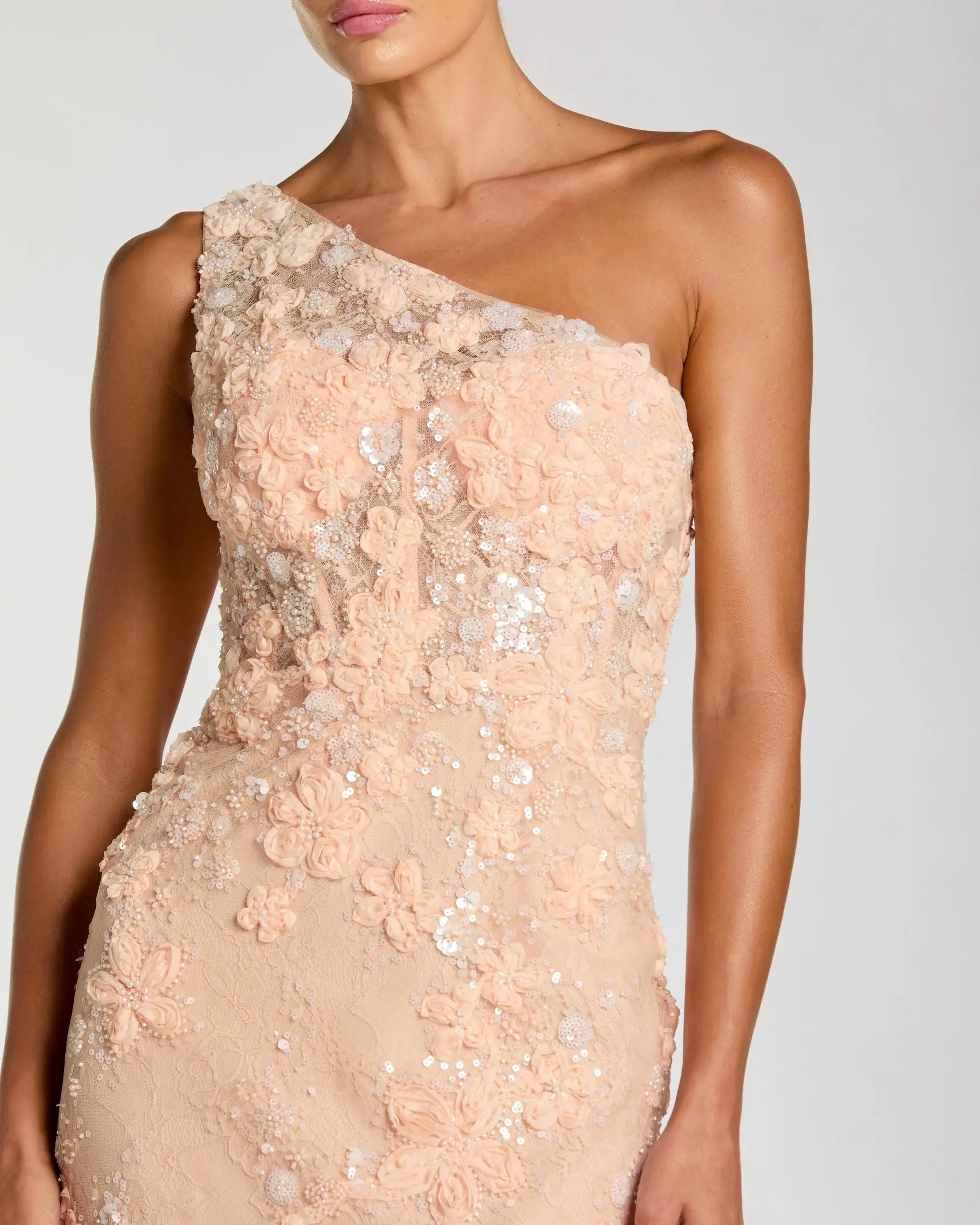 Orange One Shoulder Floral Appliqué Sequin Gown-Myartka