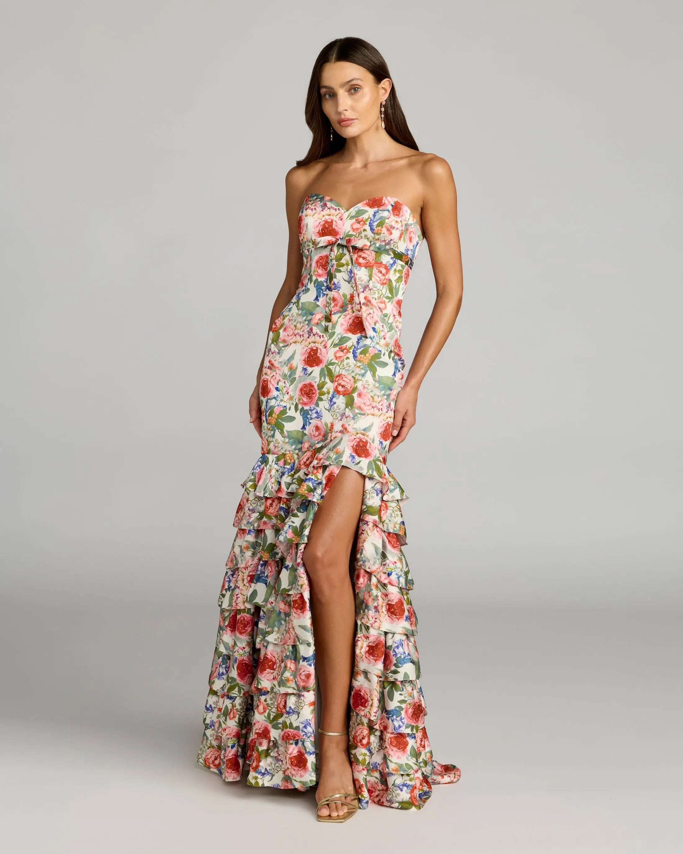 Multicolor Floral Strapless Ruffle Hem Mermaid Gown-Myartka