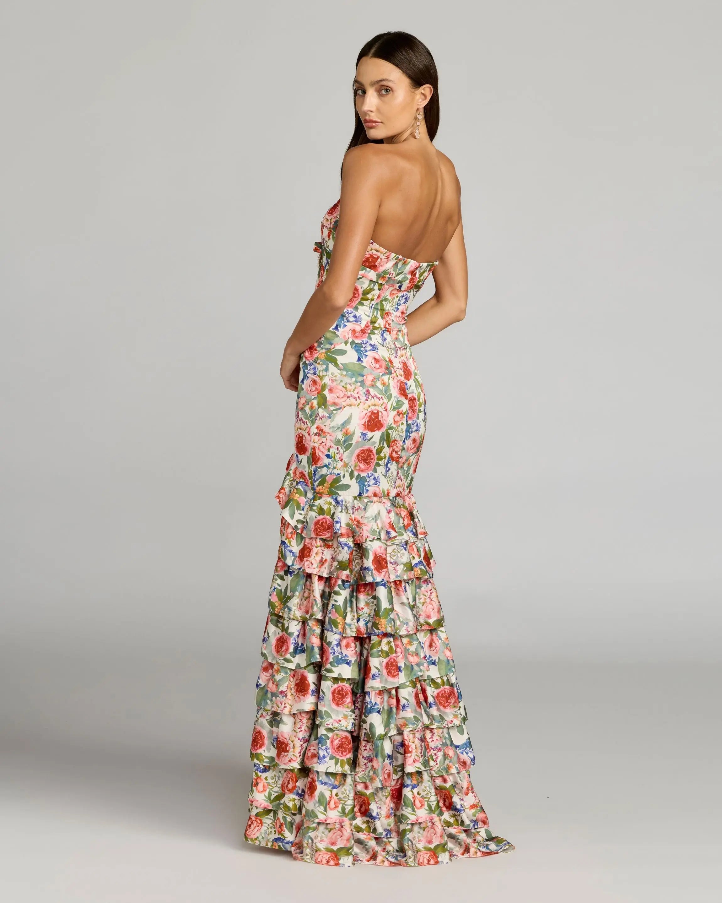Multicolor Floral Strapless Ruffle Hem Mermaid Gown-Myartka