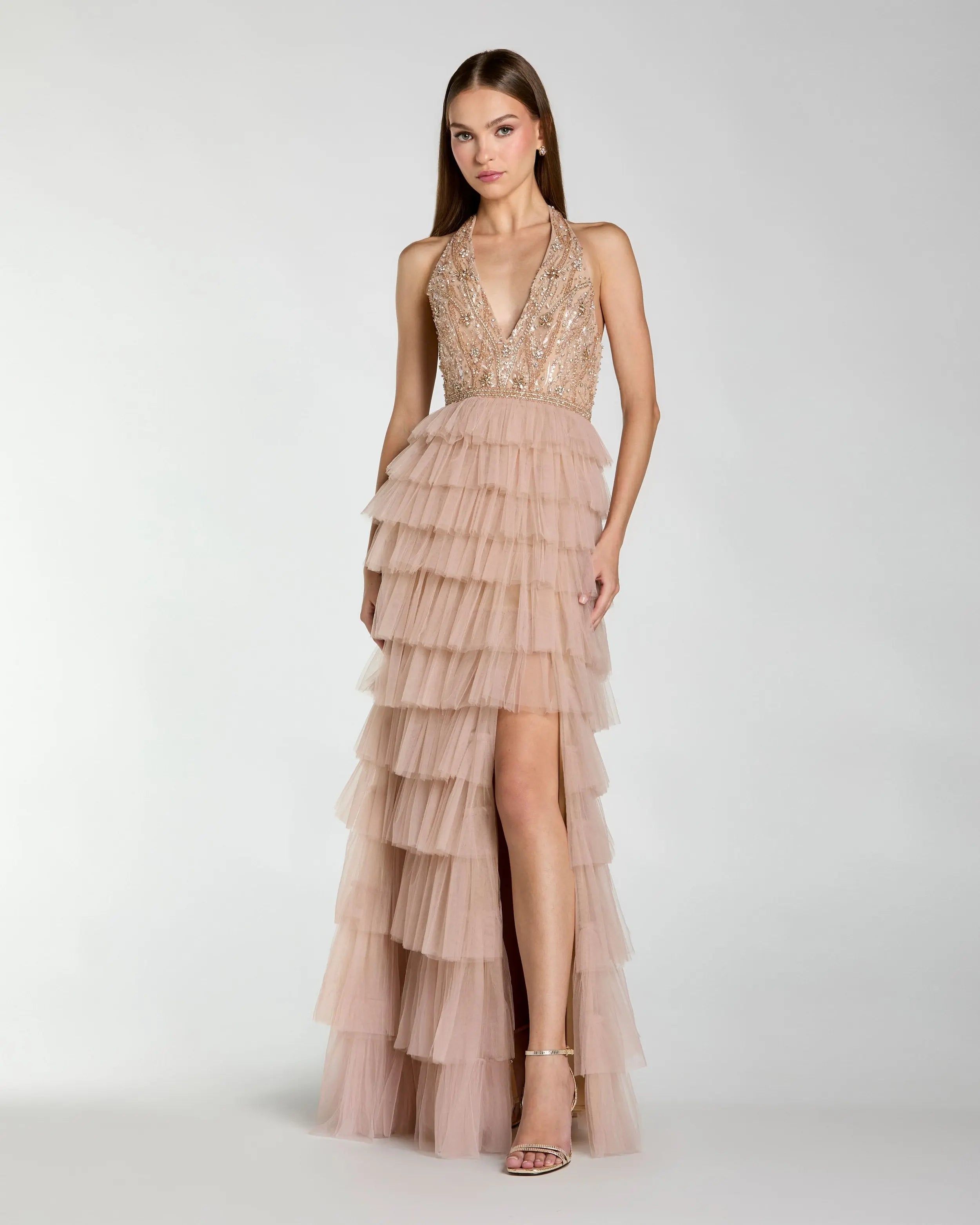 Beige Embellished Halter Neck Tiered Ruffle Gown-Myartka