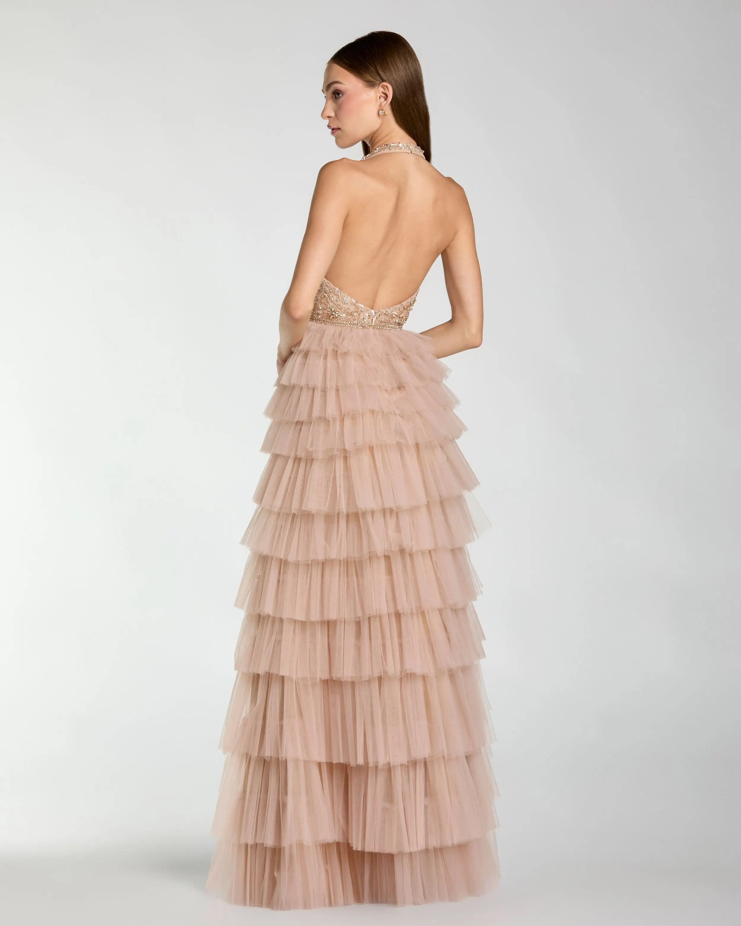 Beige Embellished Halter Neck Tiered Ruffle Gown-Myartka