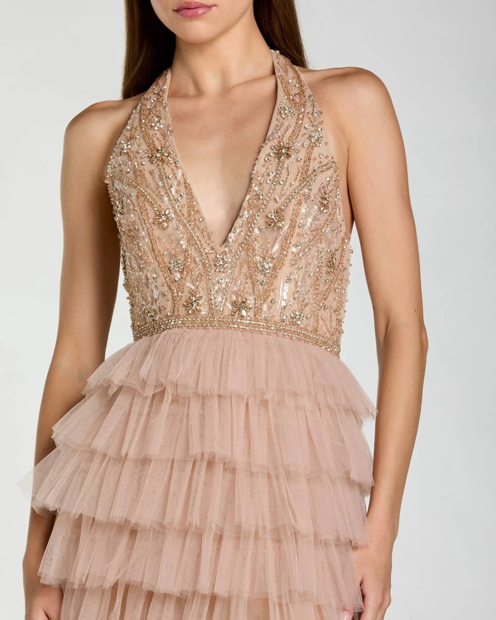 Beige Embellished Halter Neck Tiered Ruffle Gown-Myartka