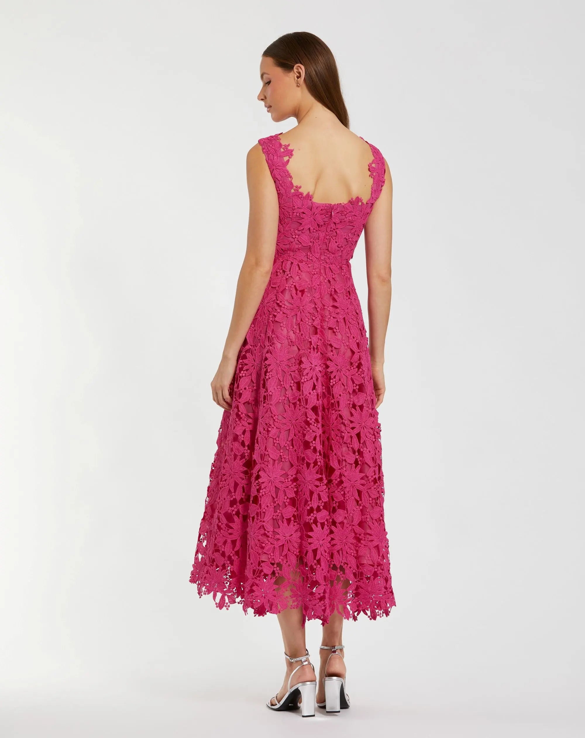 Pink Sleeveless Embroidered Lace A Line Midi Dress-Myartka