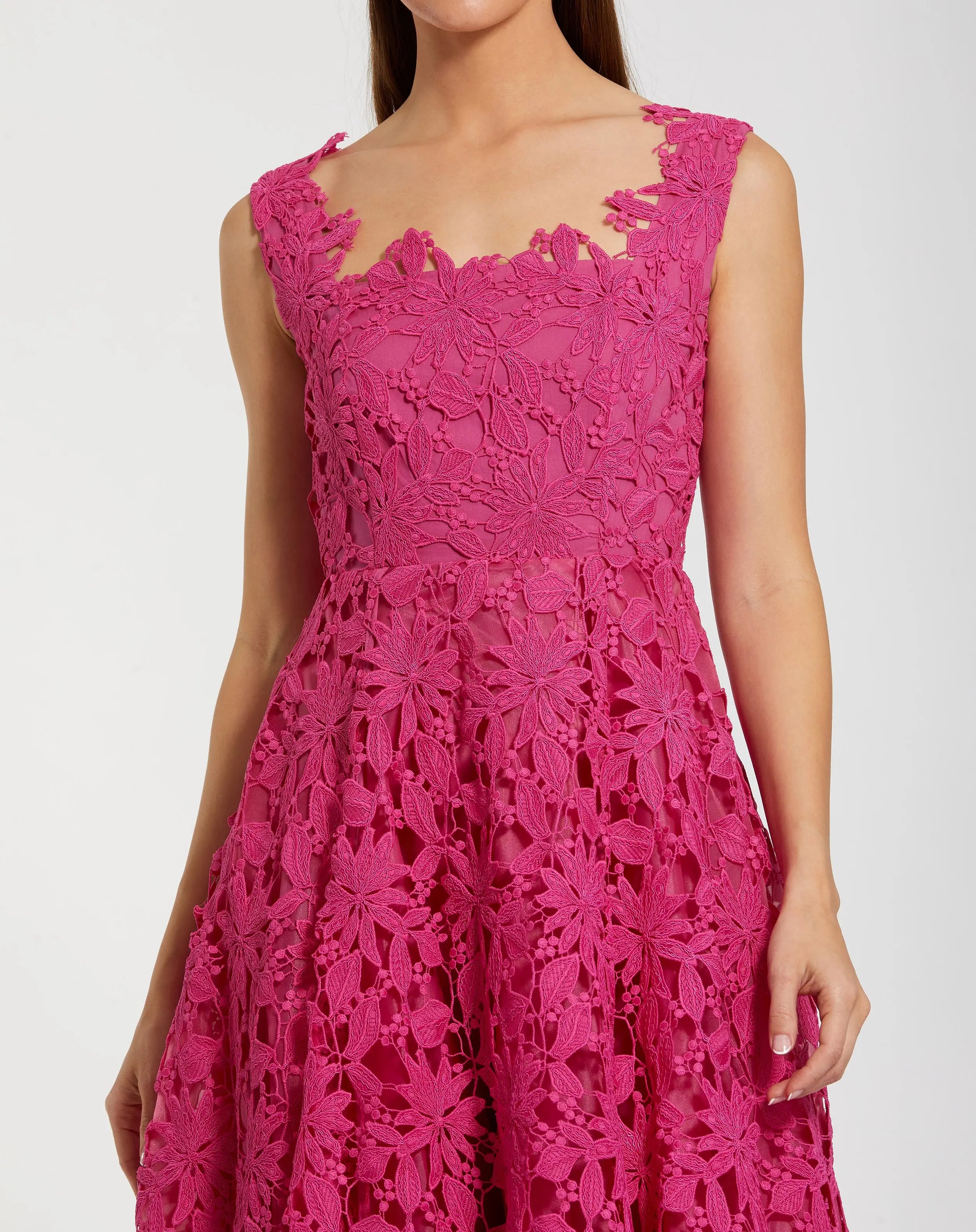 Pink Sleeveless Embroidered Lace A Line Midi Dress-Myartka