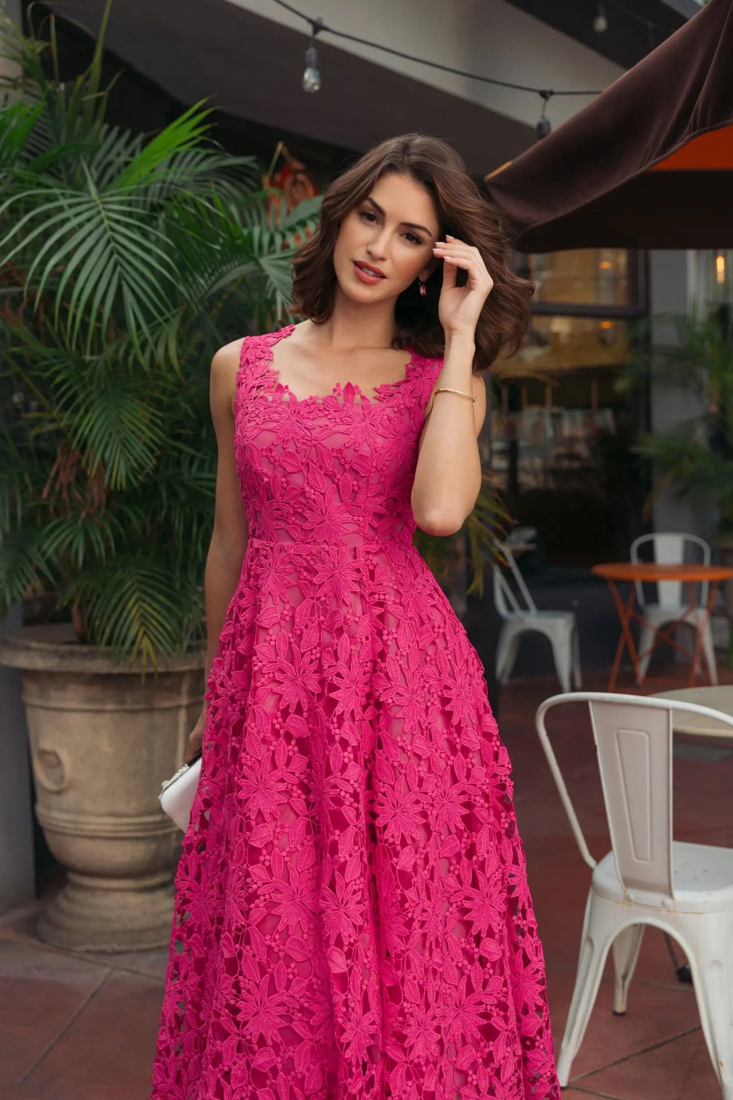Pink Sleeveless Embroidered Lace A Line Midi Dress-Myartka