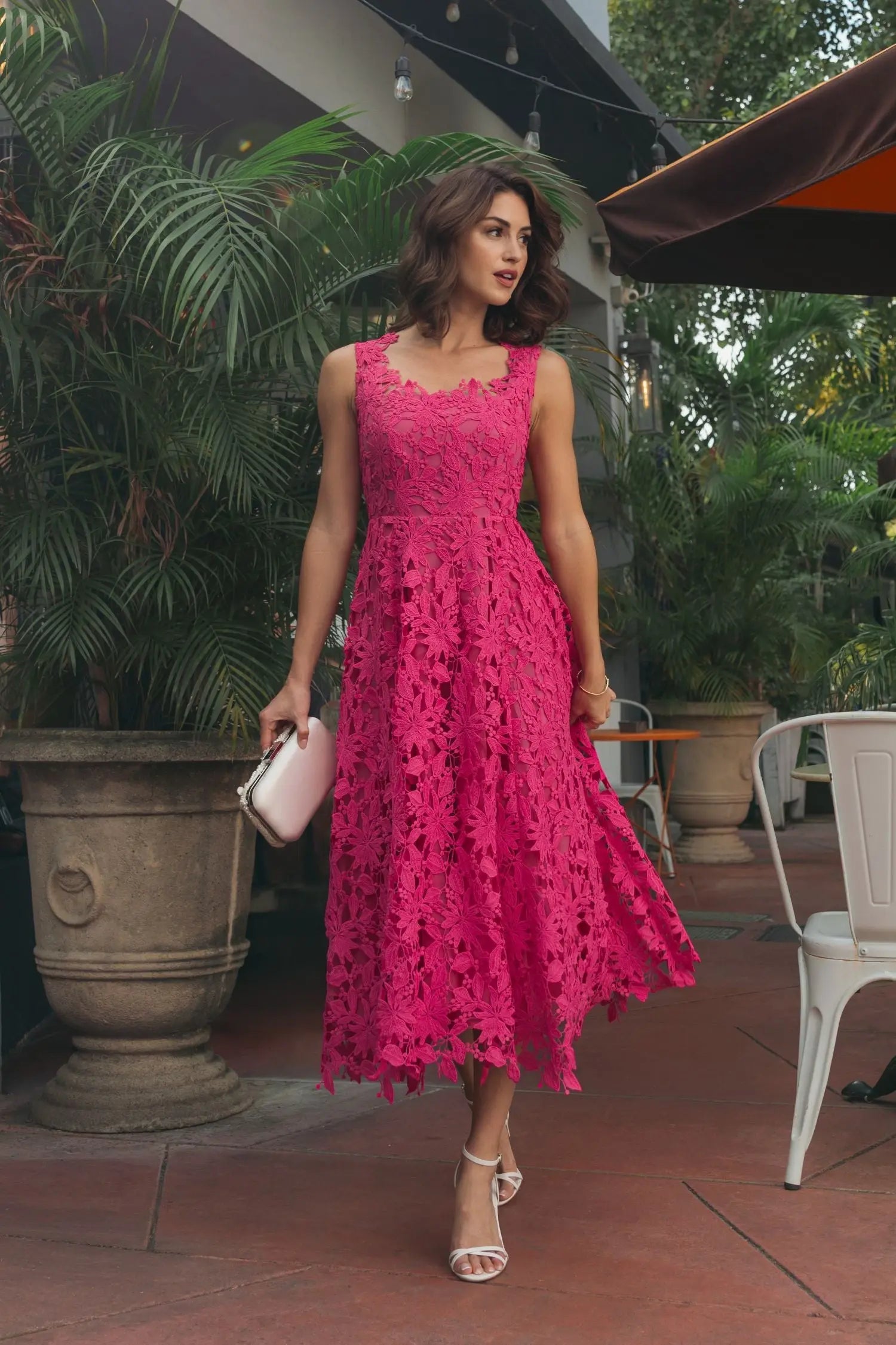 Pink Sleeveless Embroidered Lace A Line Midi Dress-Myartka