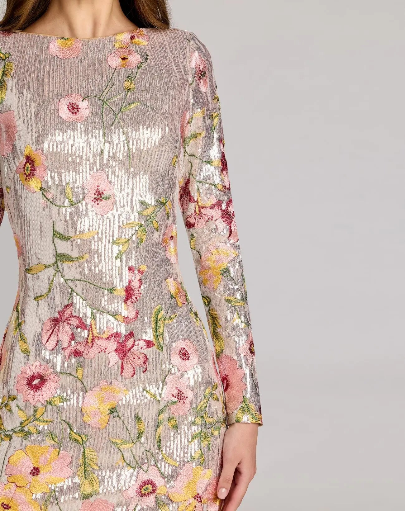 Silver Long Sleeve Floral Embroidered Sequin Mini Dress-Myartka