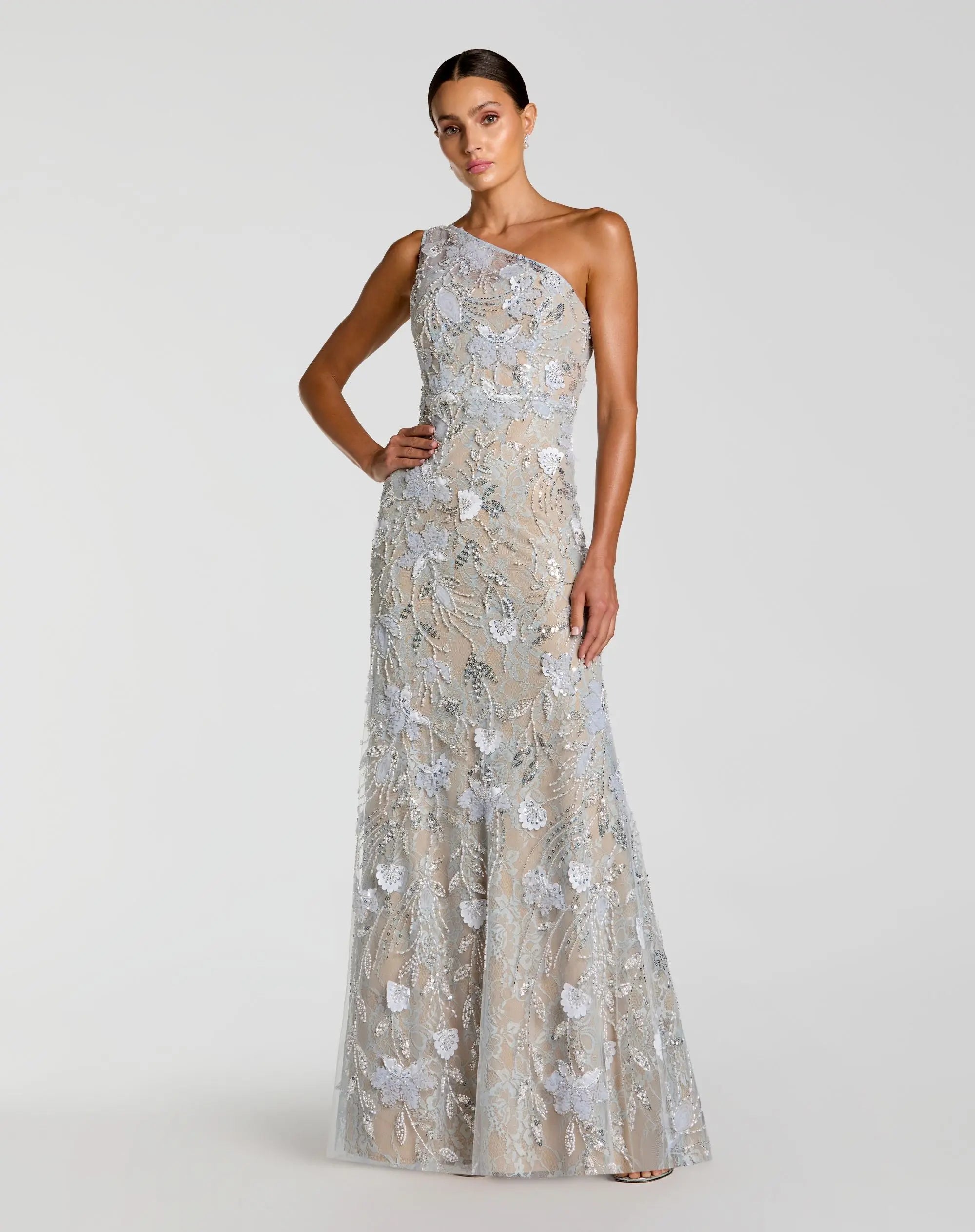 Blue Sleeveless One Shoulder Embellished Lace Gown-Myartka