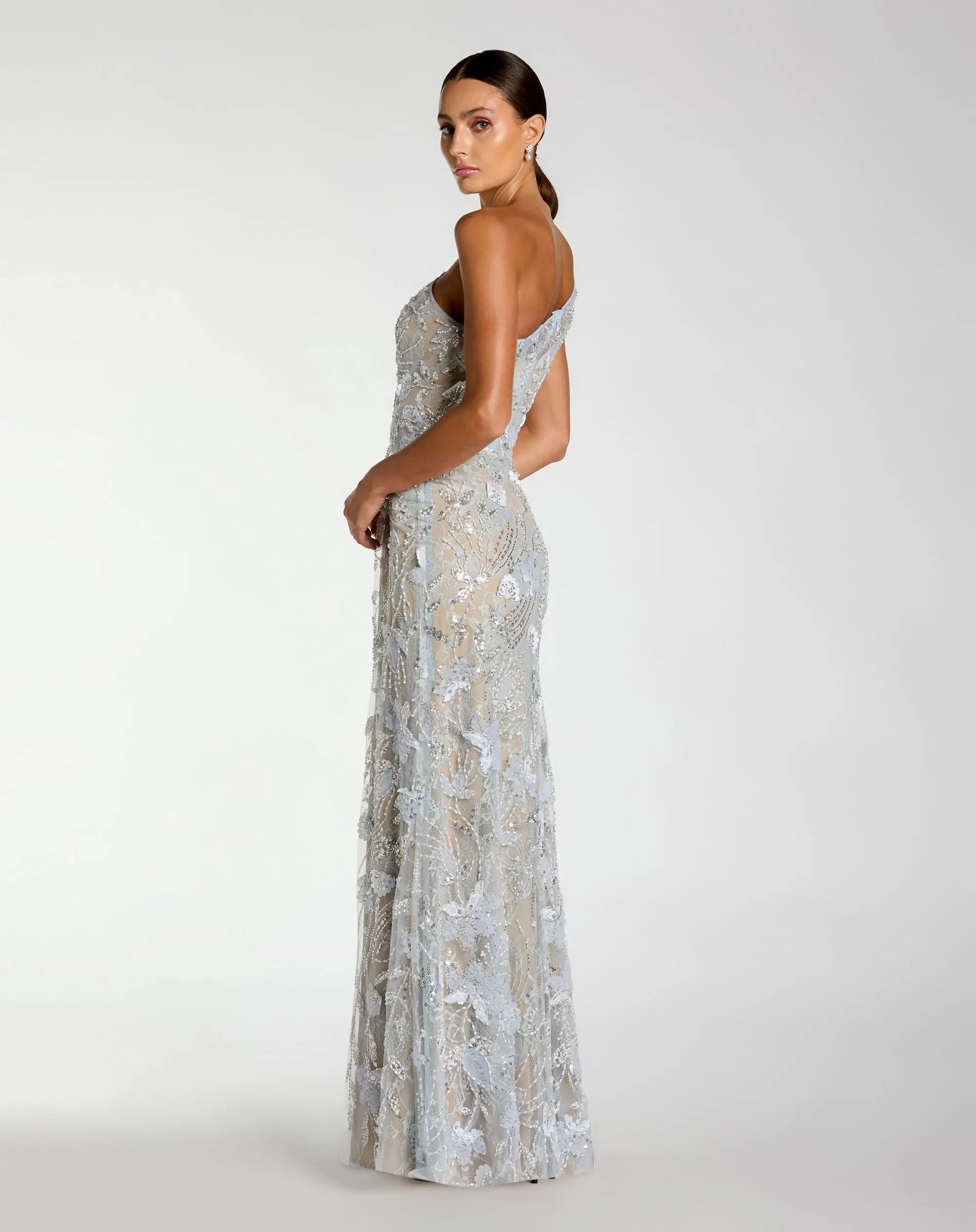 Blue Sleeveless One Shoulder Embellished Lace Gown-Myartka