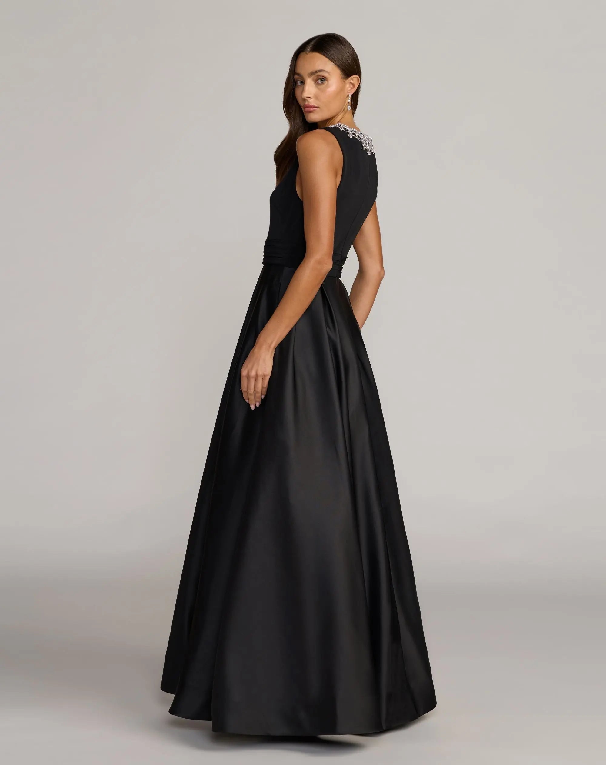 Black Embellished High Neck Sleeveless A Line Gown-Myartka