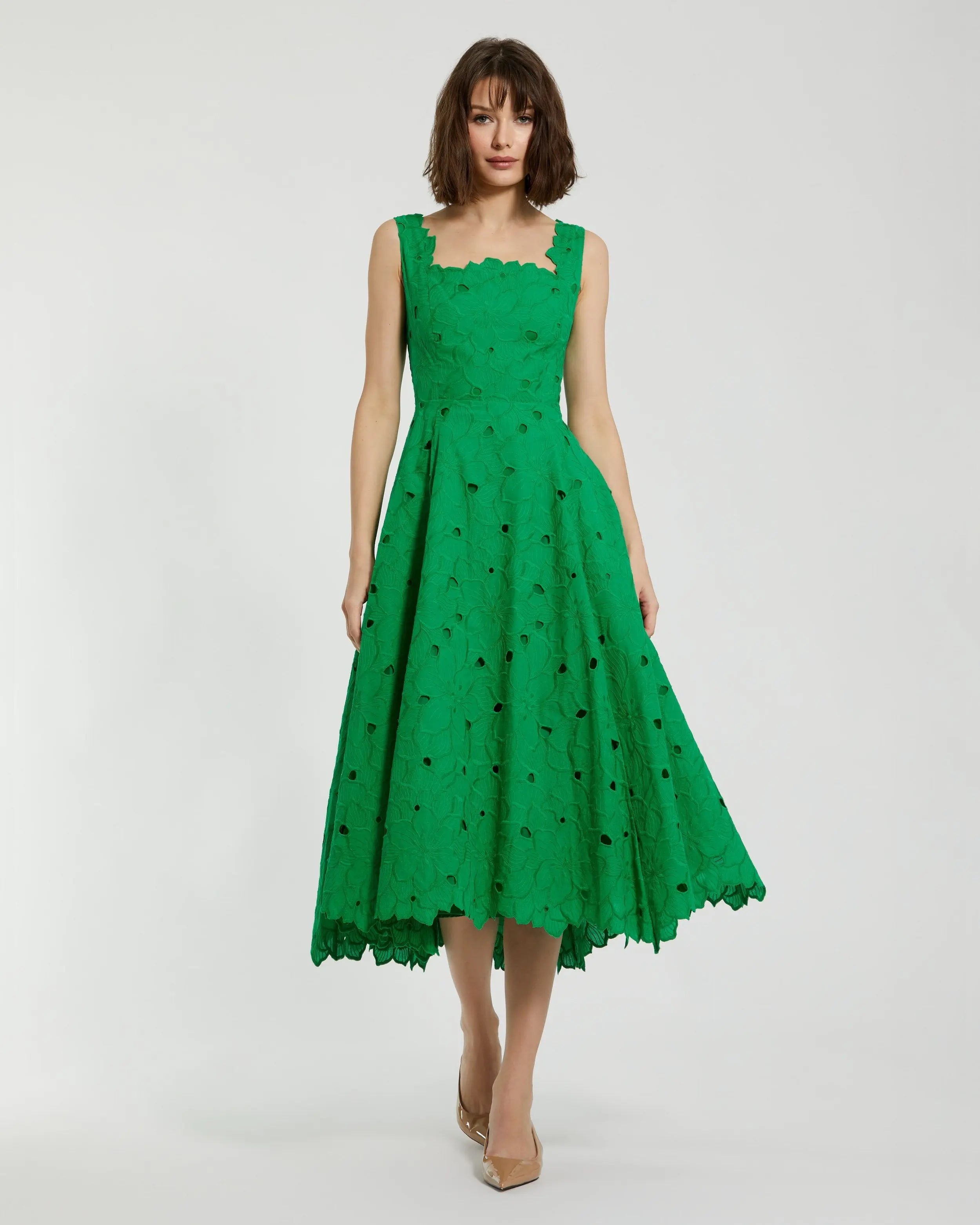 Green Embroidered Cotton A-Line Midi Dress-Myartka