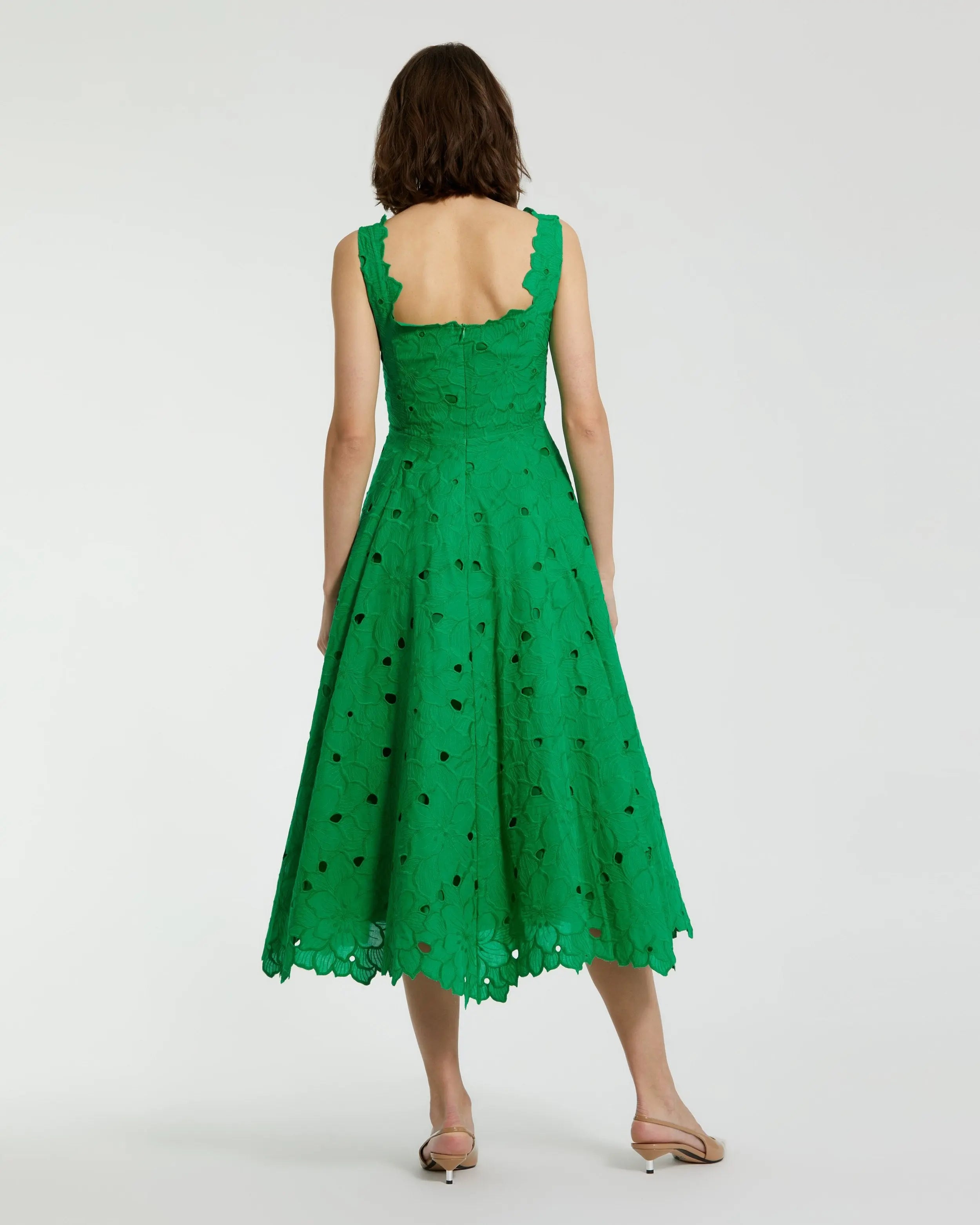 Green Embroidered Cotton A-Line Midi Dress-Myartka