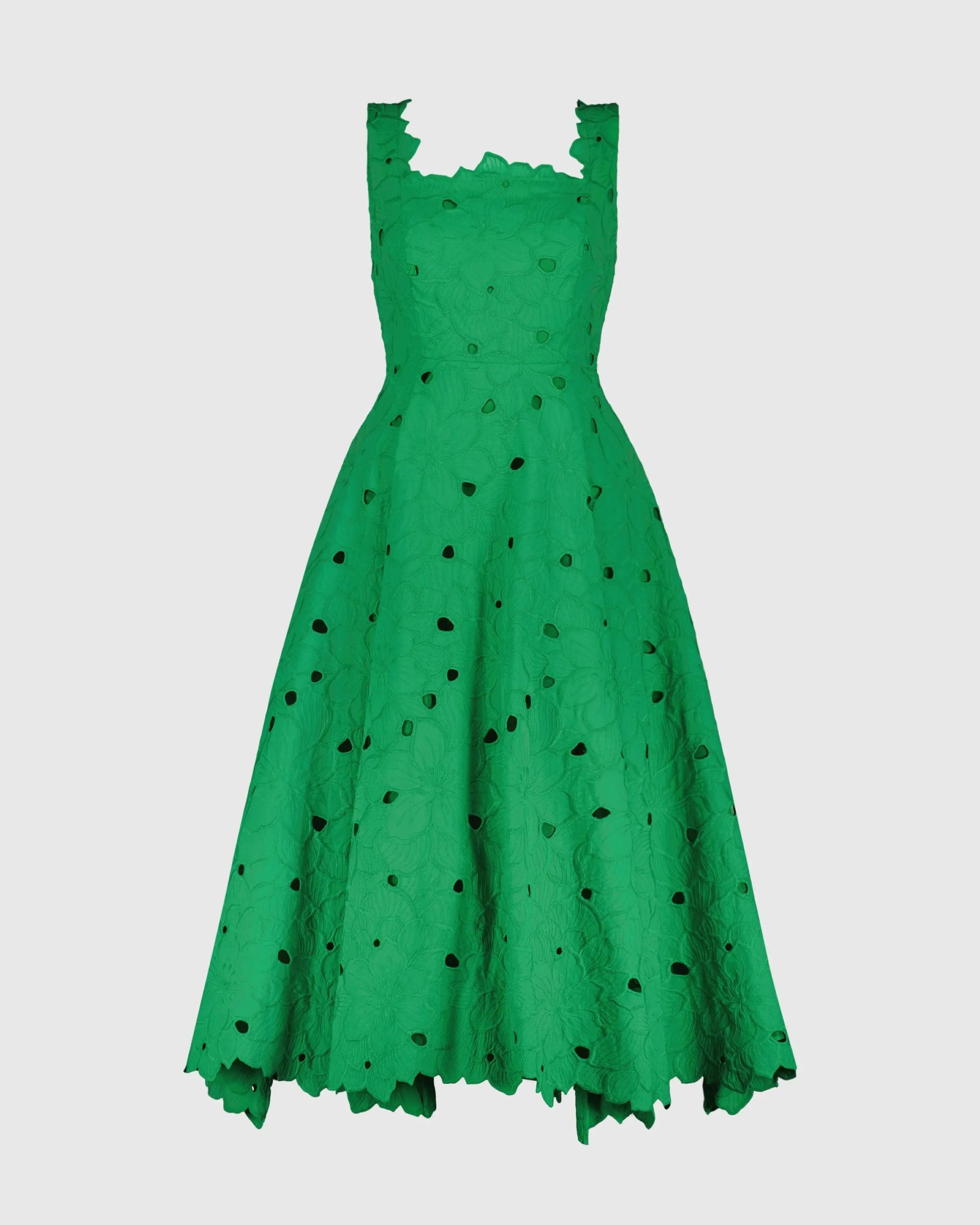 Green Embroidered Cotton A-Line Midi Dress-Myartka