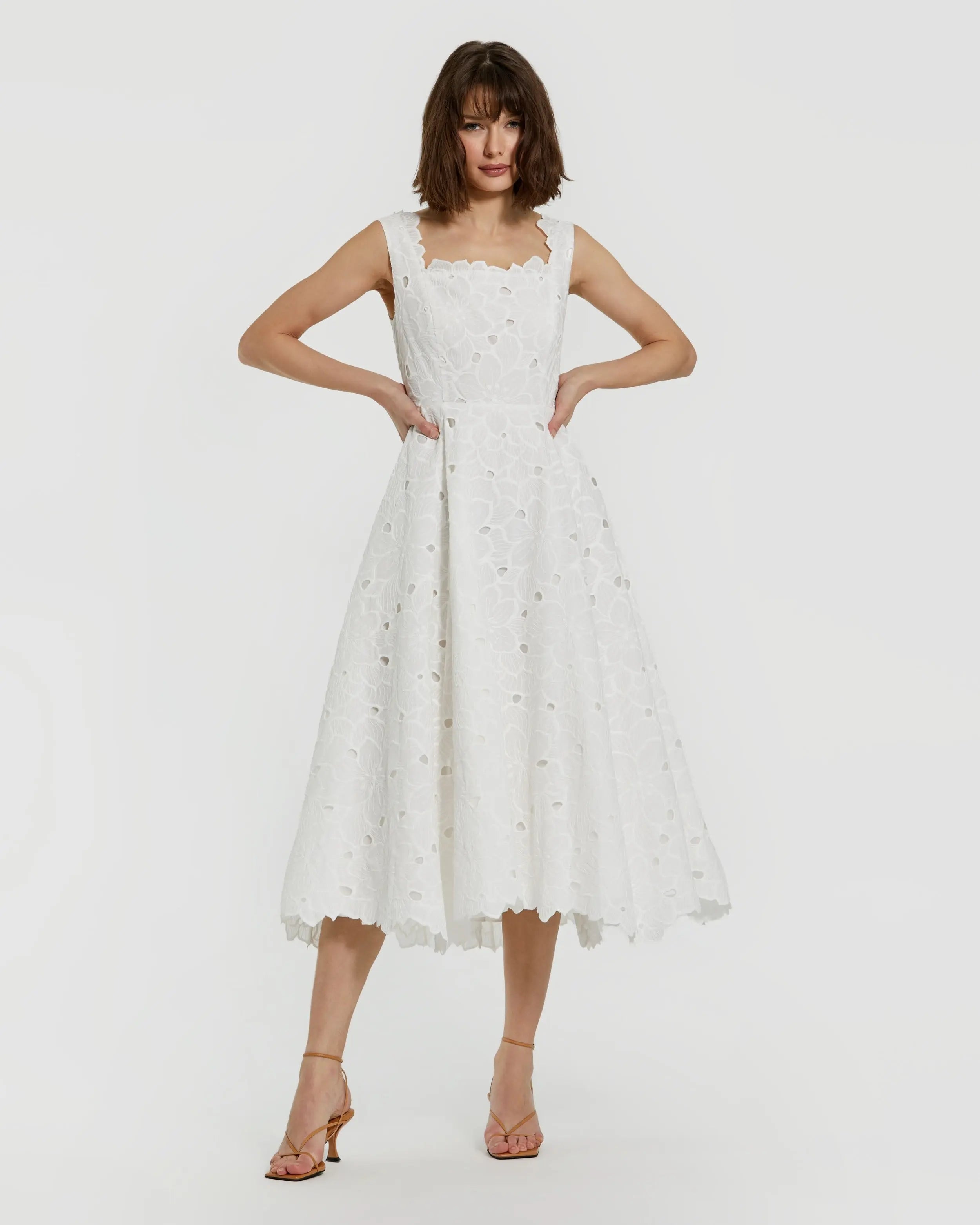 White Embroidered Cotton A-Line Midi Dress-Myartka