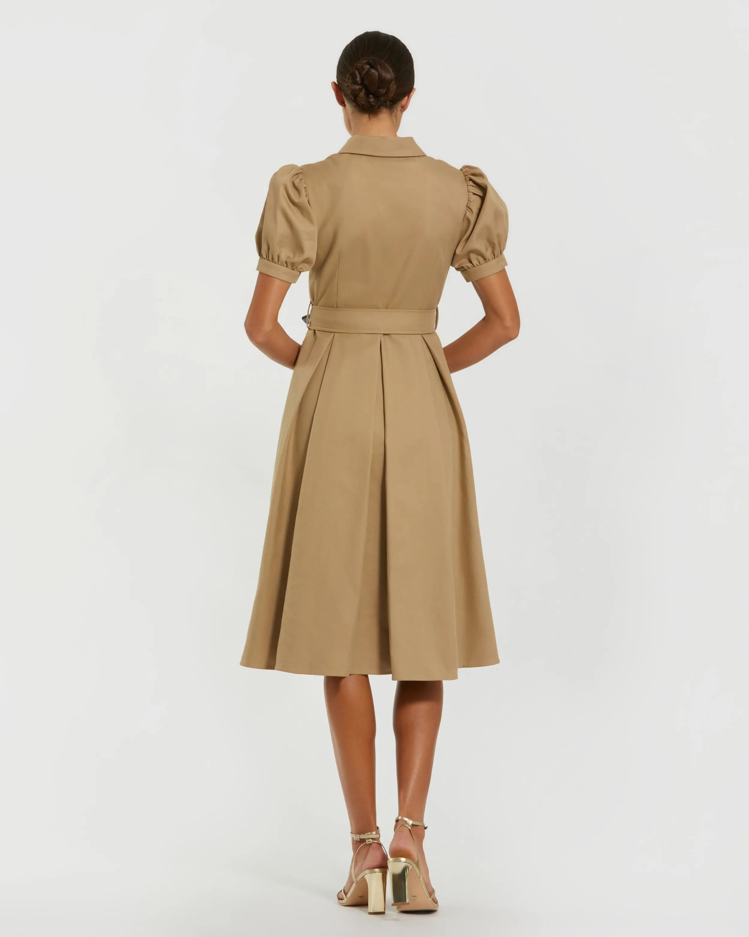 Beige Puff Sleeve Belted Midi Shirt Dress-Myartka