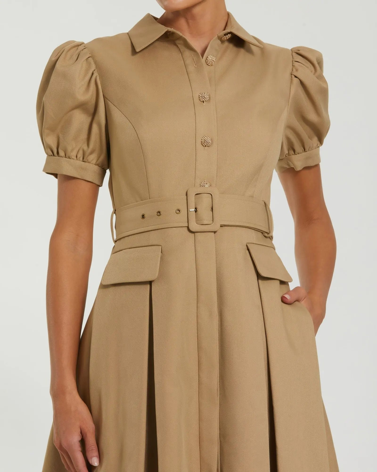 Beige Puff Sleeve Belted Midi Shirt Dress-Myartka