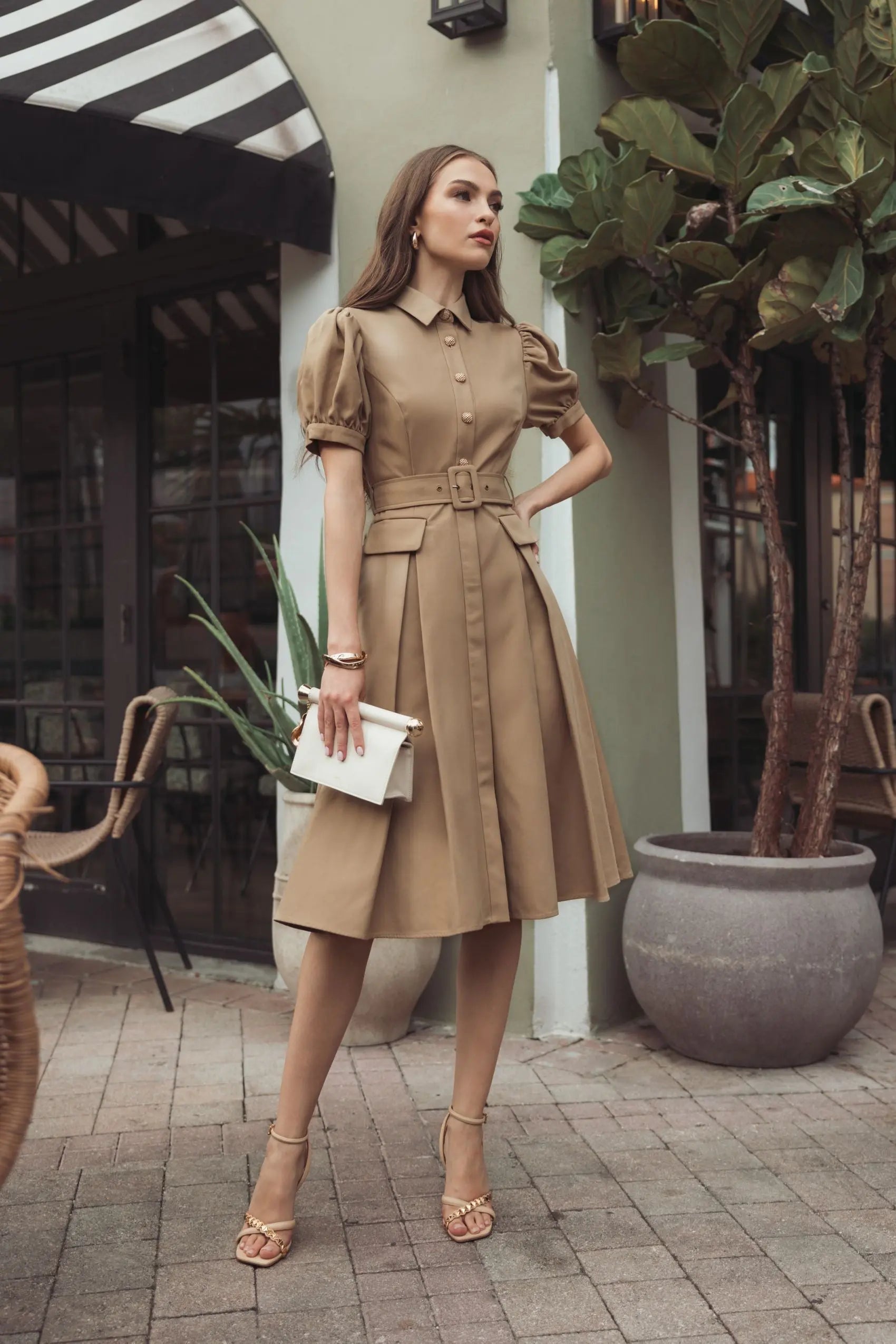 Beige Puff Sleeve Belted Midi Shirt Dress-Myartka