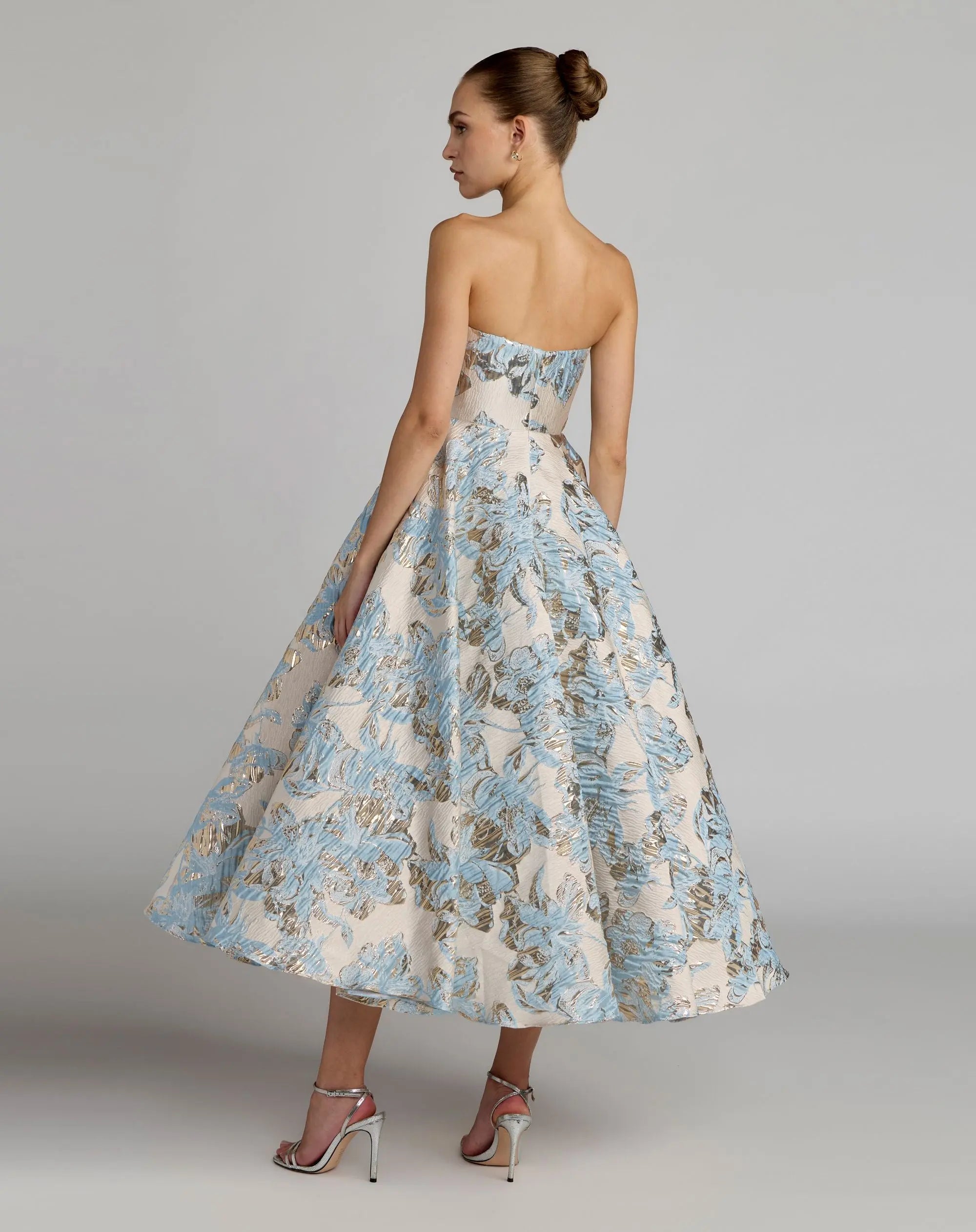 Blue Strapless Brocade A-Line Midi Dress With Pockets-Myartka