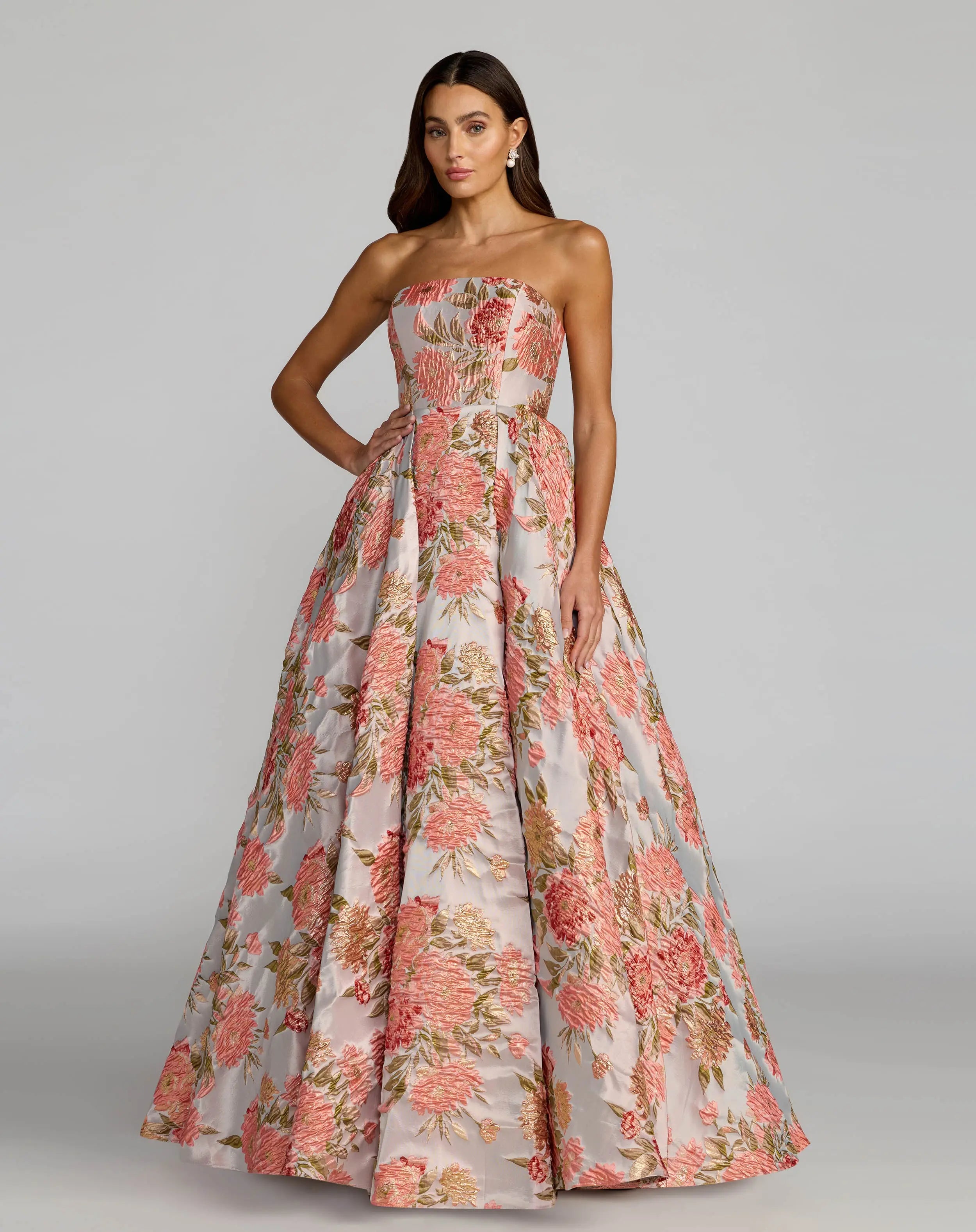 Pink Strapless Floral Brocade Ball Gown With Pockets-Myartka