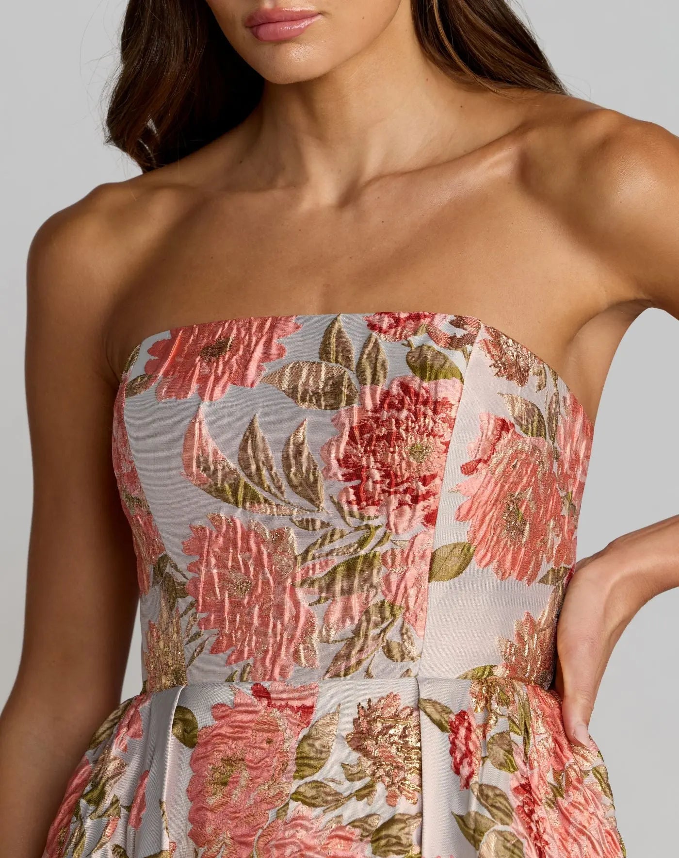 Pink Strapless Floral Brocade Ball Gown With Pockets-Myartka