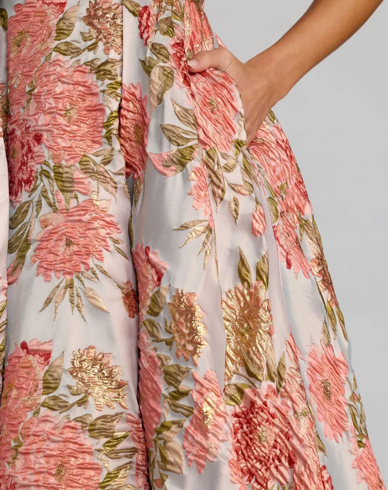 Pink Strapless Floral Brocade Ball Gown With Pockets-Myartka