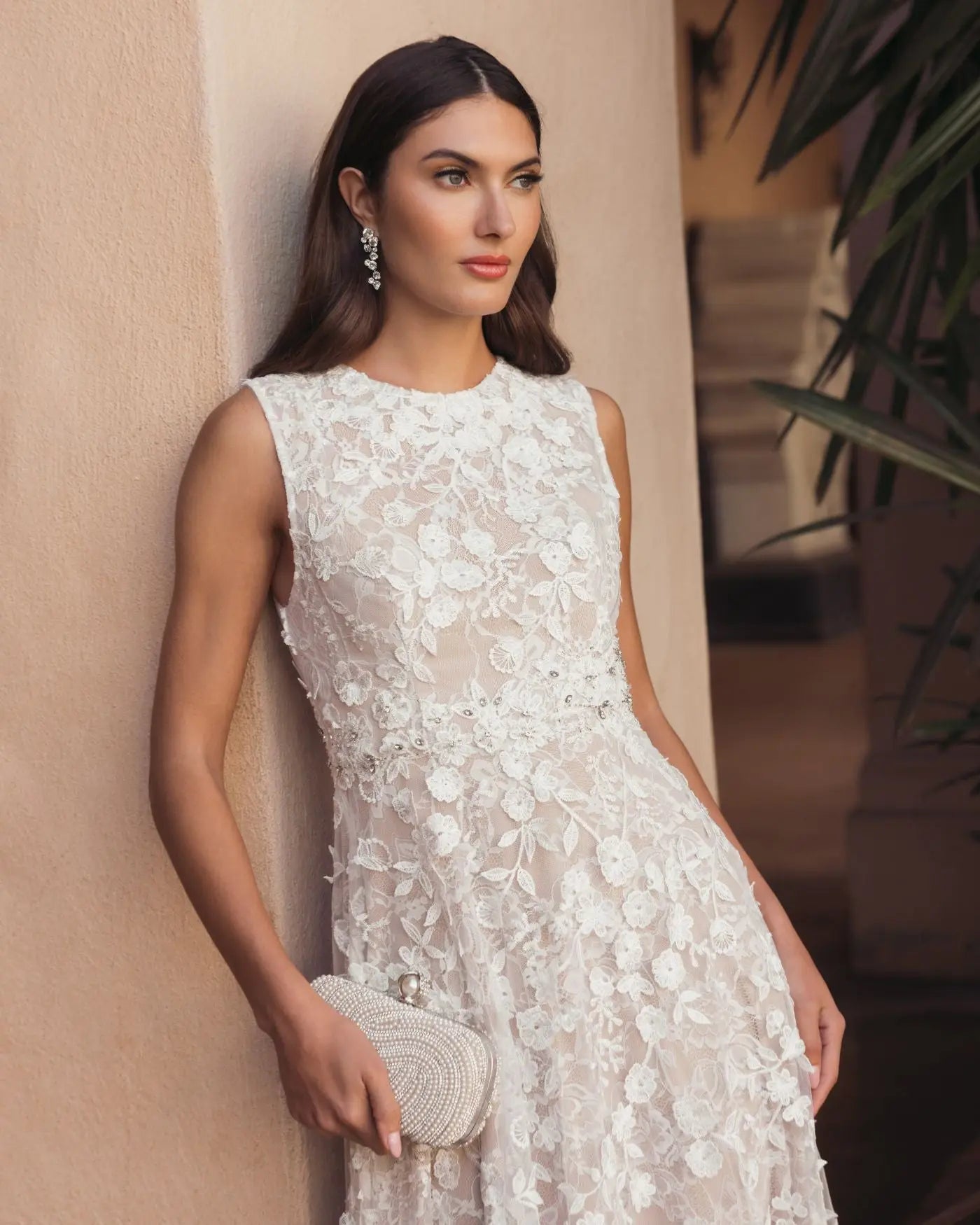 Ivory Floral Embroidered High Neck Midi Dress-Myartka